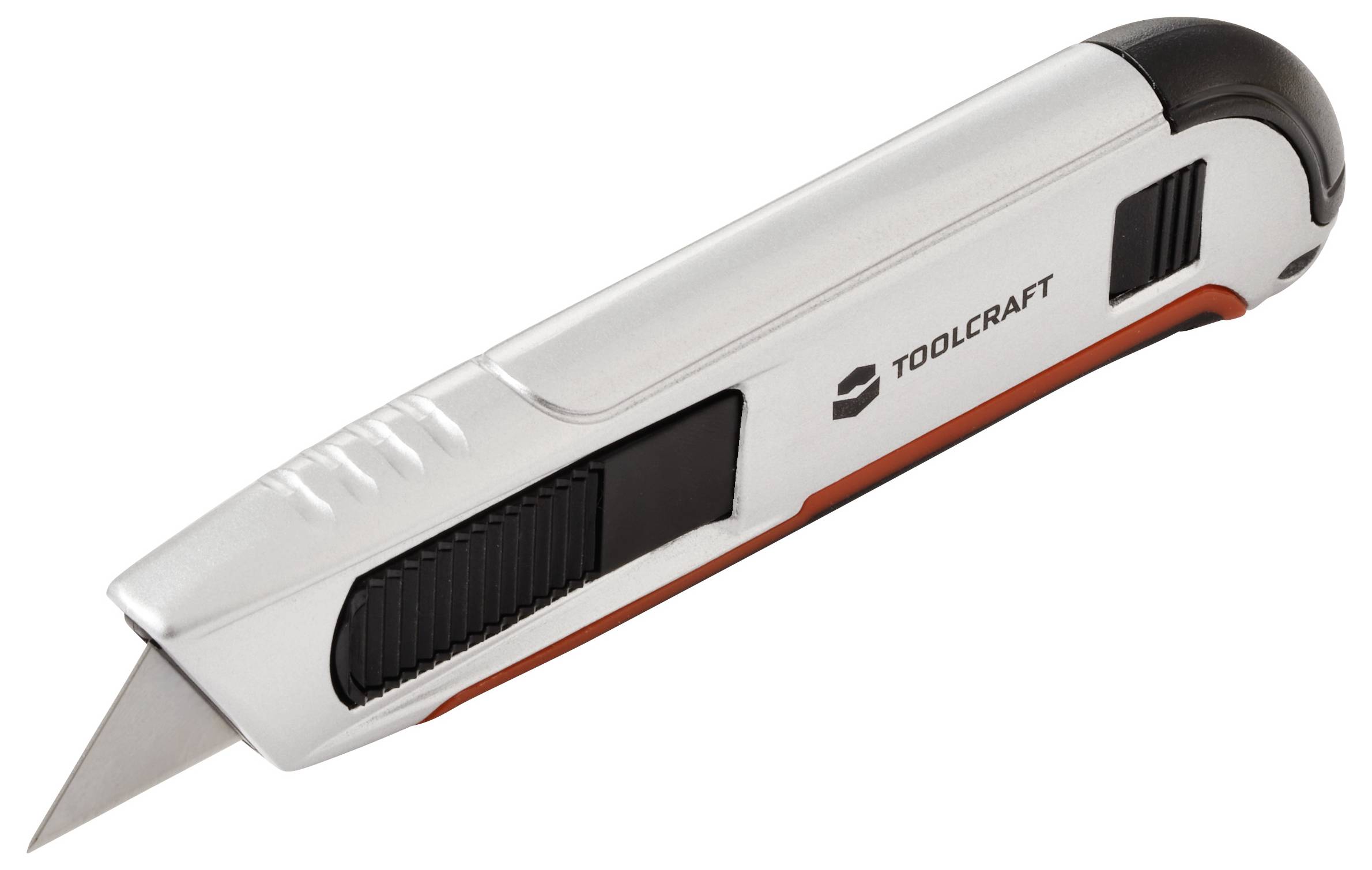 Ein silberner und schwarzer Universalmesser mit einziehbarer Klinge, mit der Markenbezeichnung 'Toolcraft', und ausgestattet mit einem ergonomischen Design für leichte Handhabung.