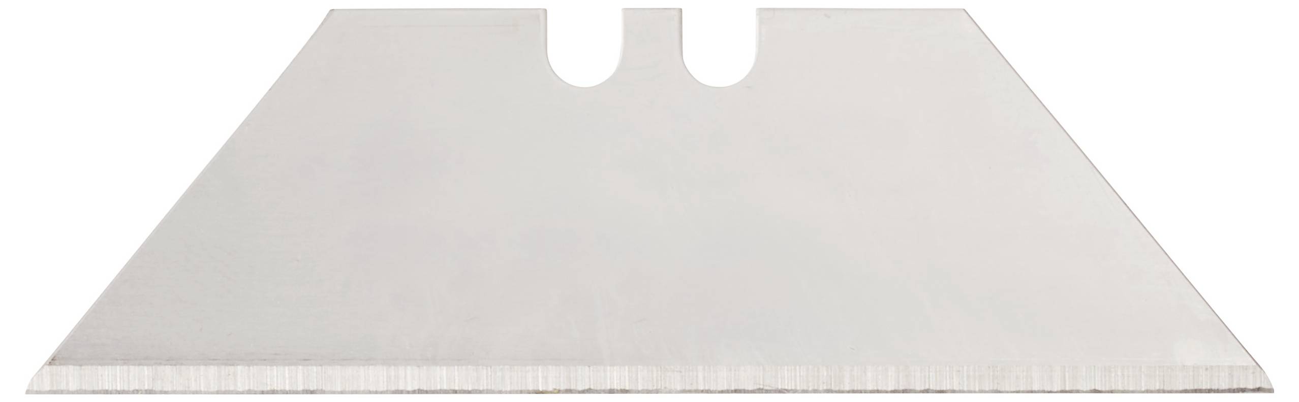 Eine einzelne Metallutilitymesserklinge, silbern, mit einer zentralen Kerbe und scharfer Schneide, isoliert auf weißem Hintergrund.