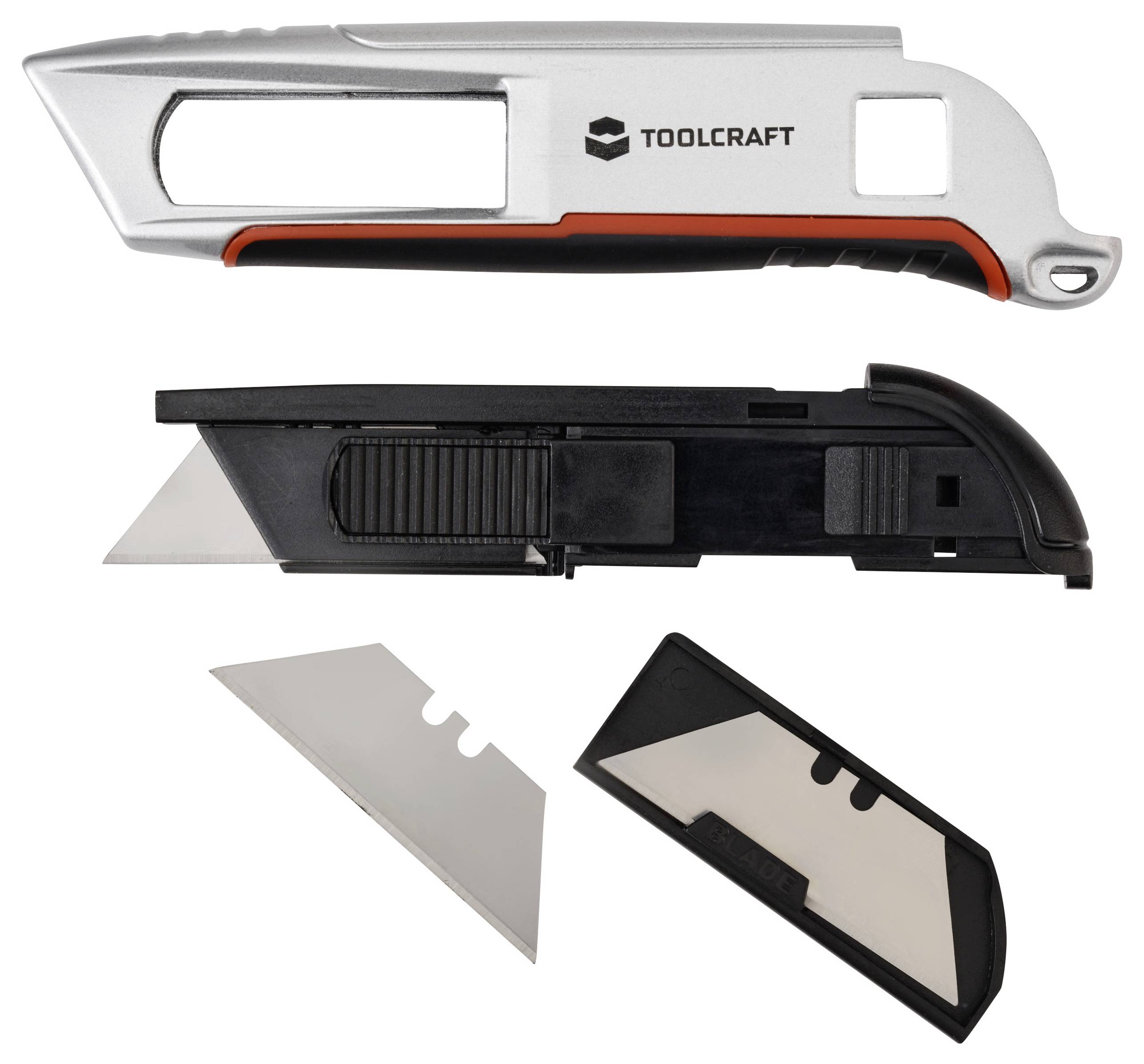 Ein einziehbares Utility-Messer mit zusätzlichen Ersatzklingen wird präsentiert. Das Messer trägt die Markenbezeichnung 'Toolcraft' und verfügt über eine Sicherheitskappe.