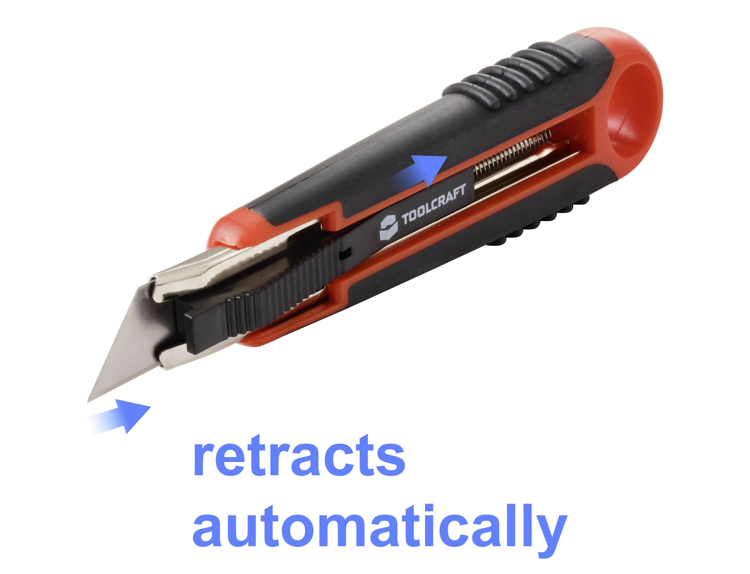 Ein rot-schwarzes Multifunktionsmesser mit einer Klinge, die sich 