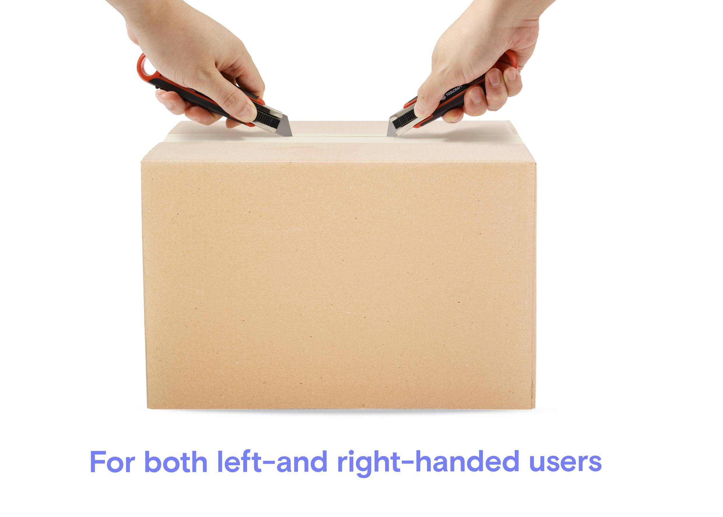 Zwei Hände, die Teppichmesser verwenden, um einen Karton zu öffnen und demonstrieren, dass das Werkzeug für Links- und Rechtshänder gleichermaßen geeignet ist.