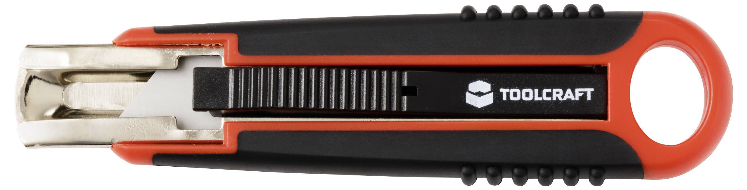 Ein schwarzes und rotes Universalmesser mit einziehbarer Klinge und einem 'Toolcraft' Logo auf dem Griff.