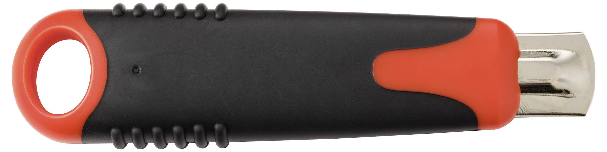 Ein schwarzer und roter Teppichmesser mit einer Metallklinge. Der Griff hat an einem Ende ein Loch zum Festhalten oder Anbringen an einem Schlüsselanhänger.