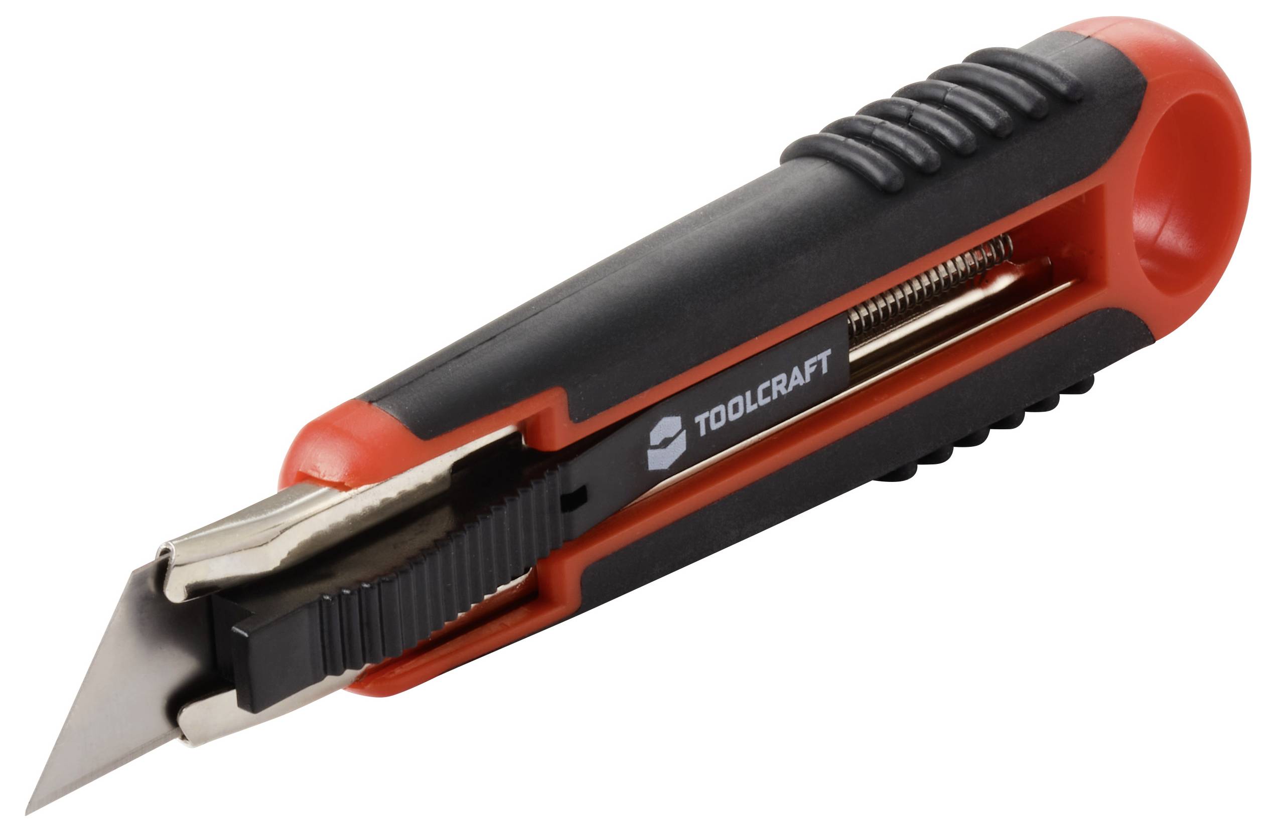 Ein einziehbares Universalmesser mit schwarzem Griff, roten Akzenten und sichtbarer Klinge. Das Wort 'TOOLCRAFT' ist an der Seite aufgedruckt.