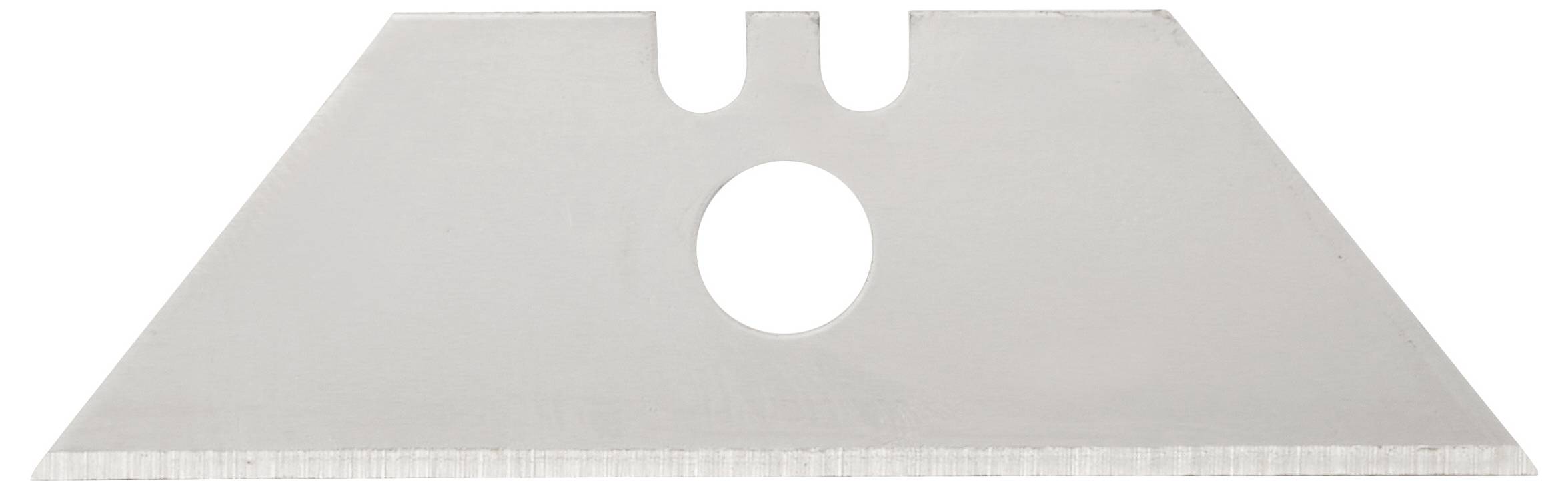 Eine einzelne Universalmesserklinge mit einem zentralen Loch und zwei Kerben an der Spitze.