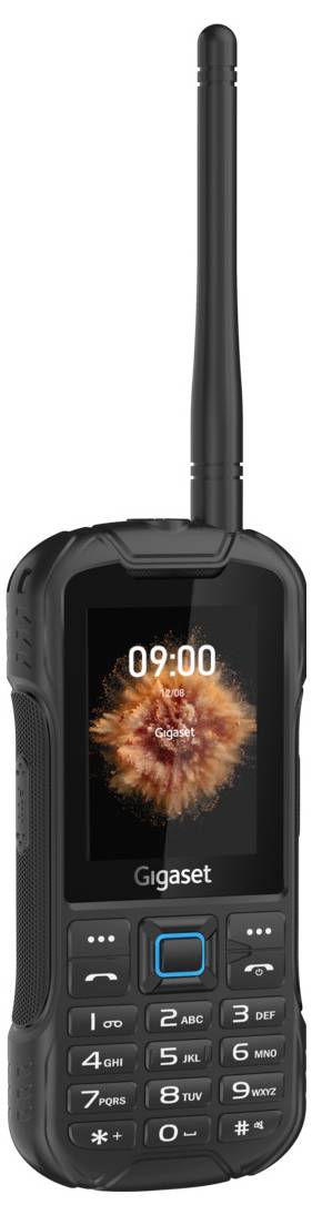 Robustes Mobiltelefon mit Antenne, schwarzem Gehäuse und sichtbarem Bildschirm. Uhrzeit 09:00, Markenname 'Gigaset' unten.