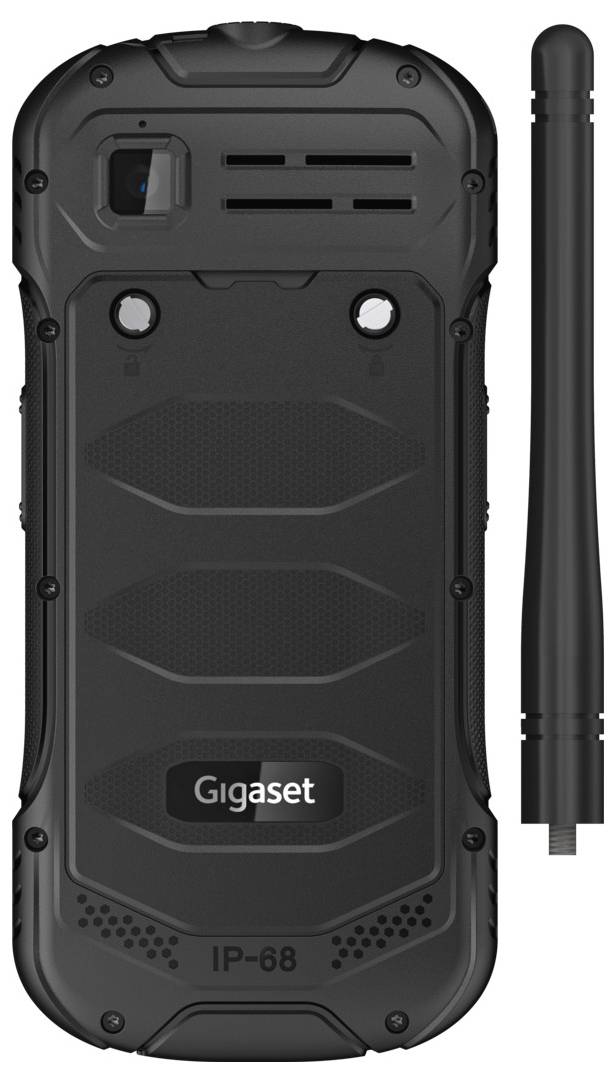 Robustes schwarzes Mobiltelefon mit abnehmbarer Antenne und der Aufschrift 'Gigaset' auf der Rückseite.