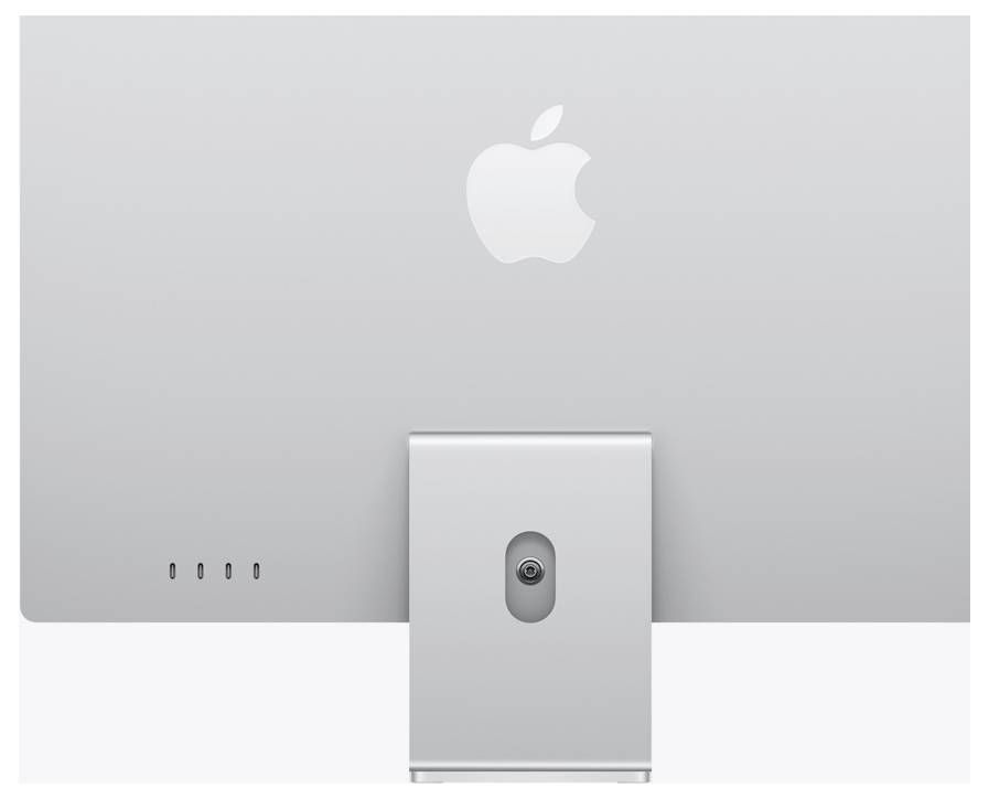 Rückansicht eines schlanken, silbernen Desktop-Computers mit Apple-Logo, ausgestattet mit USB-Anschlüssen und einem Ständer.