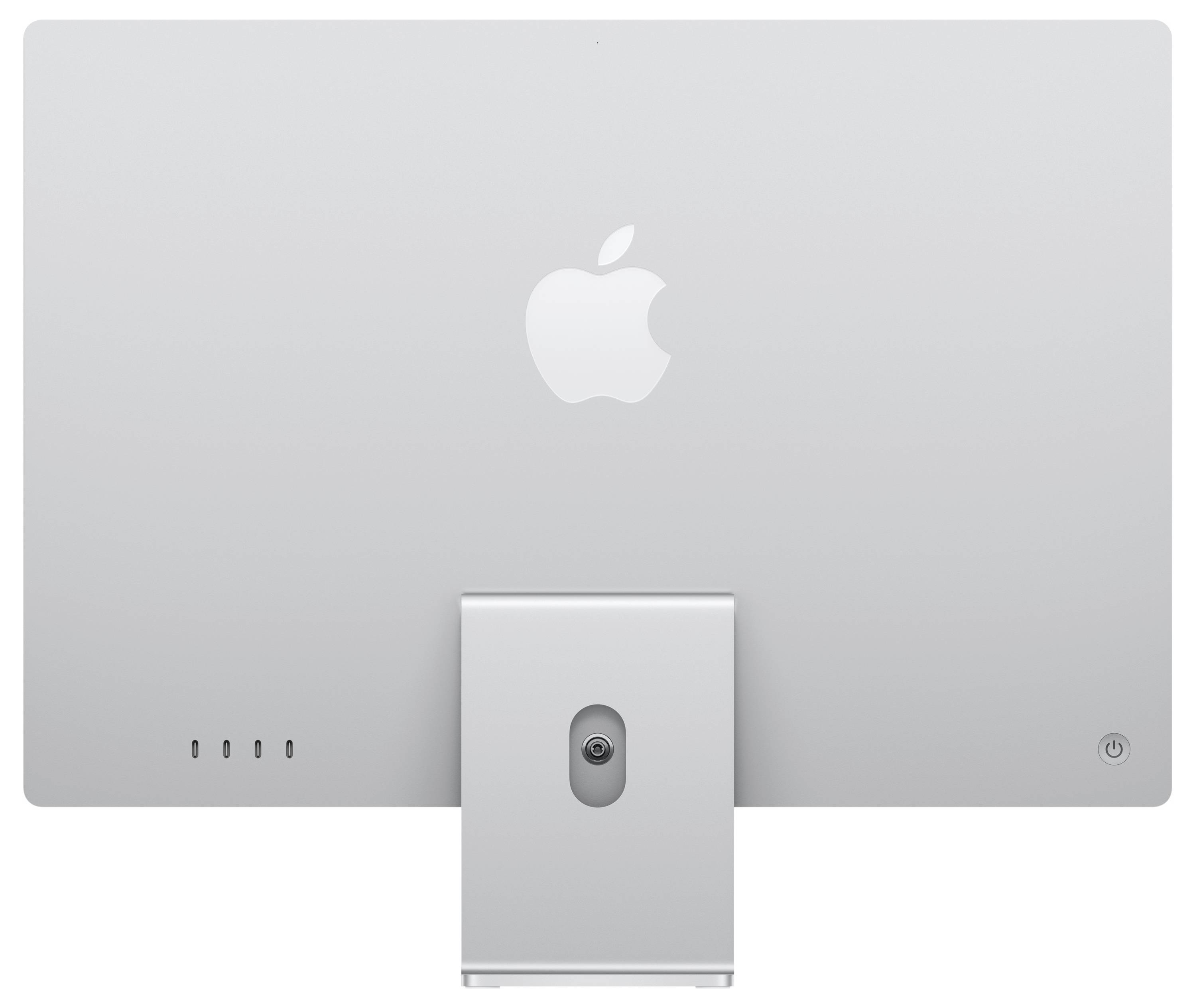 Die Rückseite eines silbernen Computermonitors mit Apple-Logo, die ein schlankes Design und einen Ständer zeigt.