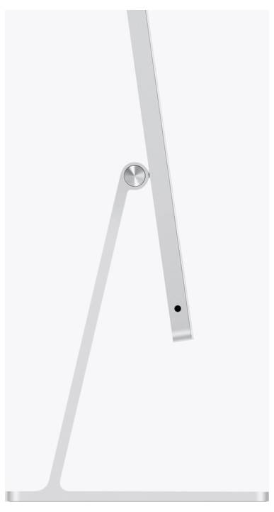 Seitenansicht eines dünnen, silbernen Computermonitors auf einem minimalistischen Ständer, der ein schlankes und modernes Design präsentiert.