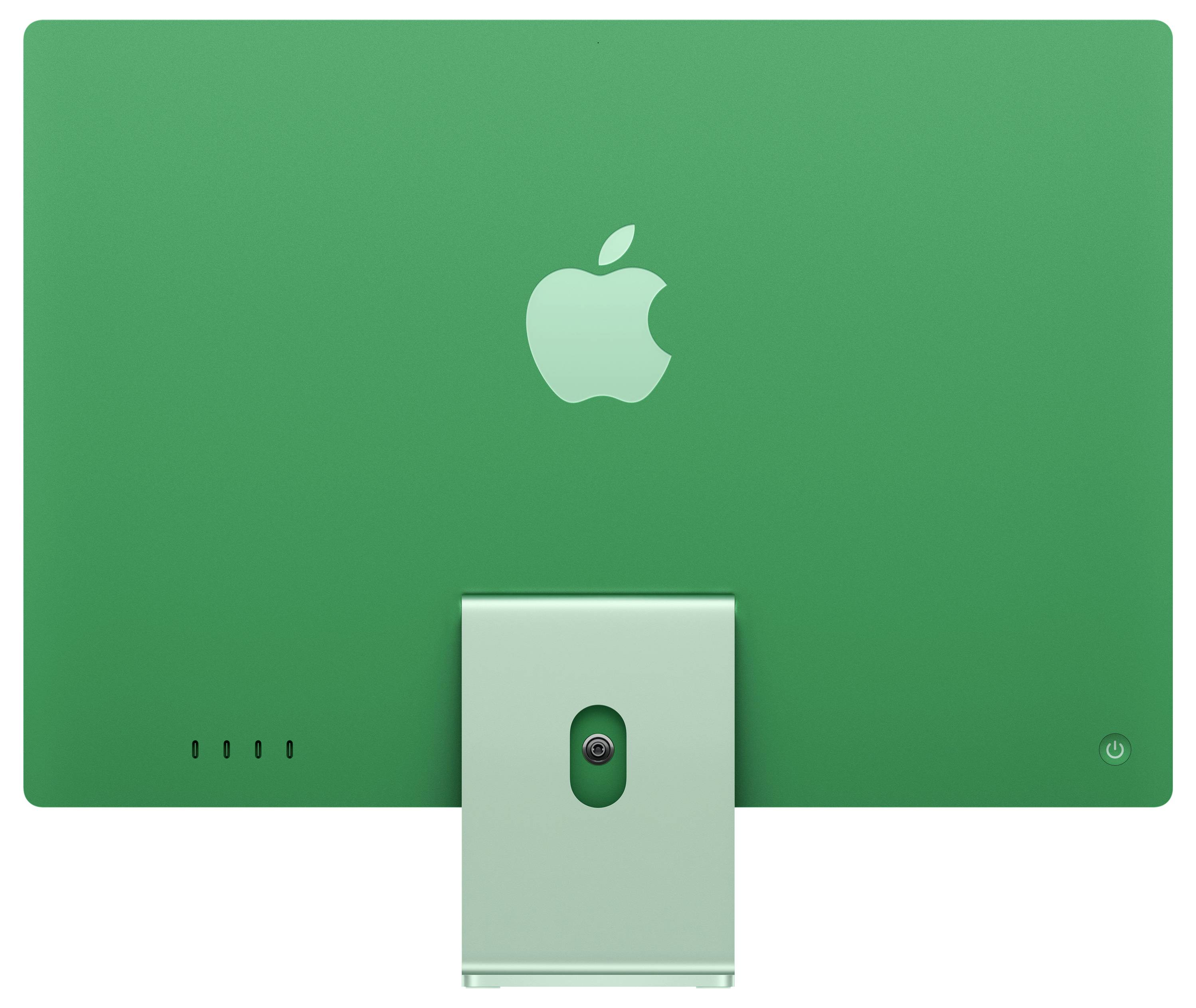 Die Rückseite eines grünen Computermonitors mit einem Apple-Logo, ausgestattet mit einem Einschaltknopf und einem Ständer.
