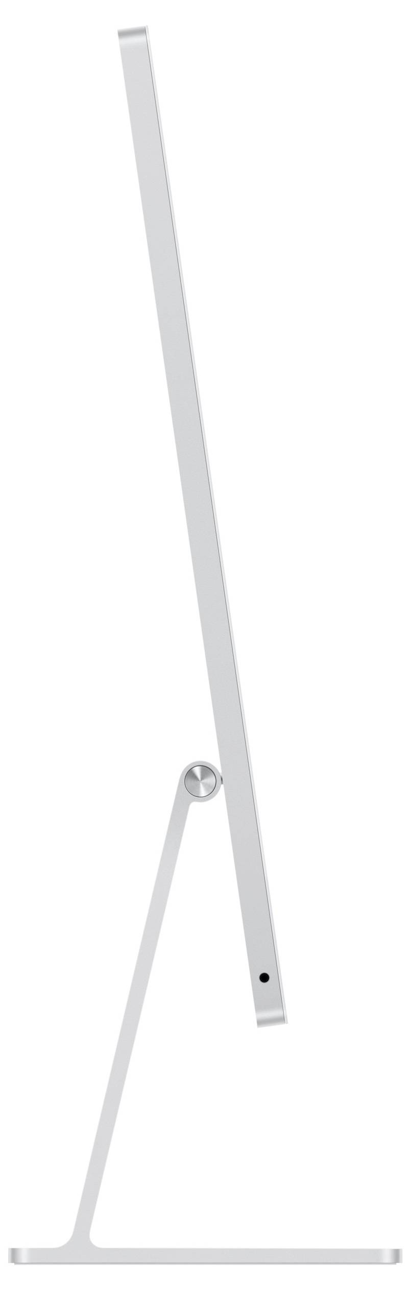 Eine Seitenansicht eines schlanken, modernen Computermonitors auf einem minimalistischen Ständer, der sein elegantes Design und die metallische Oberfläche zur Geltung bringt.