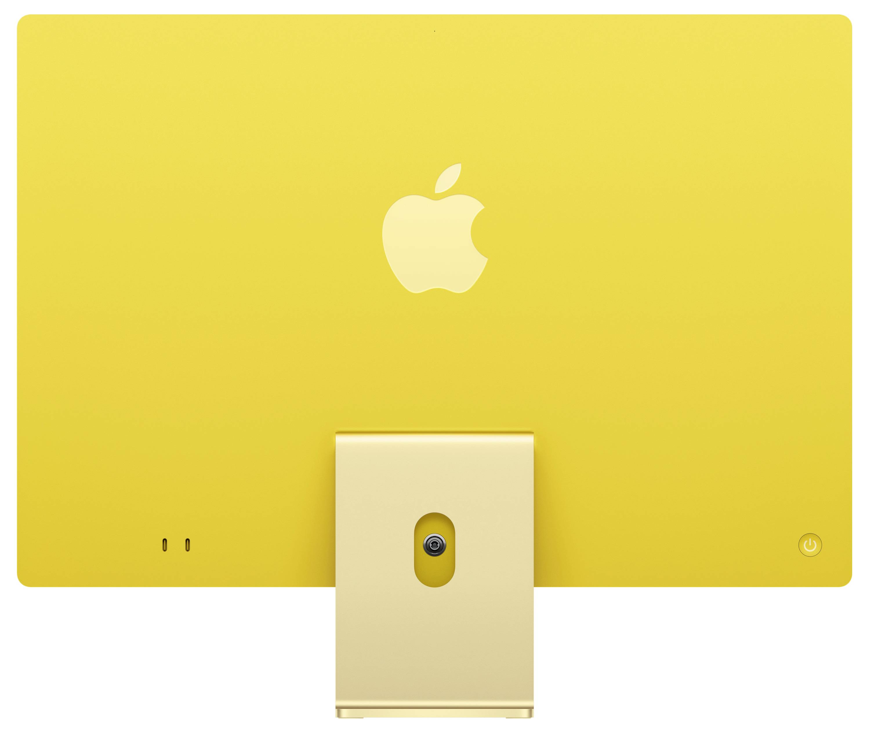 Ein gelber Desktop-Computer mit Apple-Logo auf der Rückseite, der ein schlankes Design und einen Ständer zeigt.
