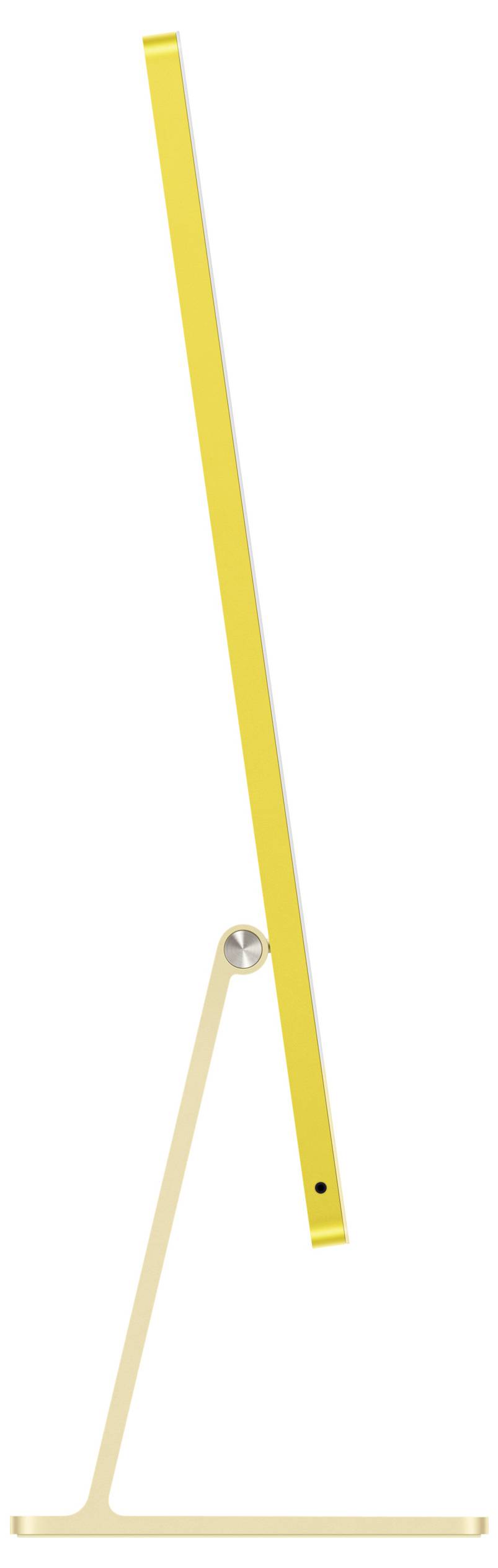 Eine Seitenansicht eines dünnen, gelben Desktop-Computermonitors mit minimalistischem Design auf einem schmalen Ständer.