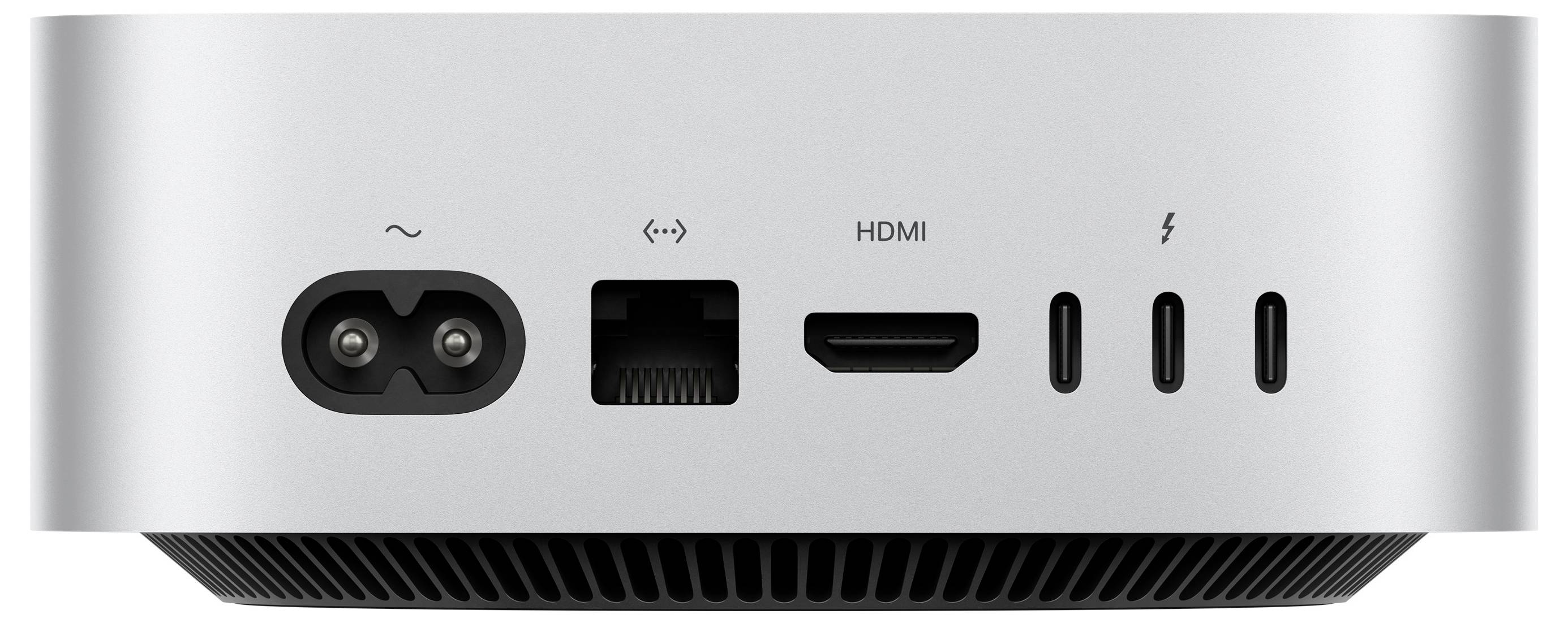 Rückansicht eines kompakten silbernen Computers. Sichtbare Anschlüsse: Stromversorgung, Ethernet, HDMI und drei Thunderbolt/USB-C-Ports.
