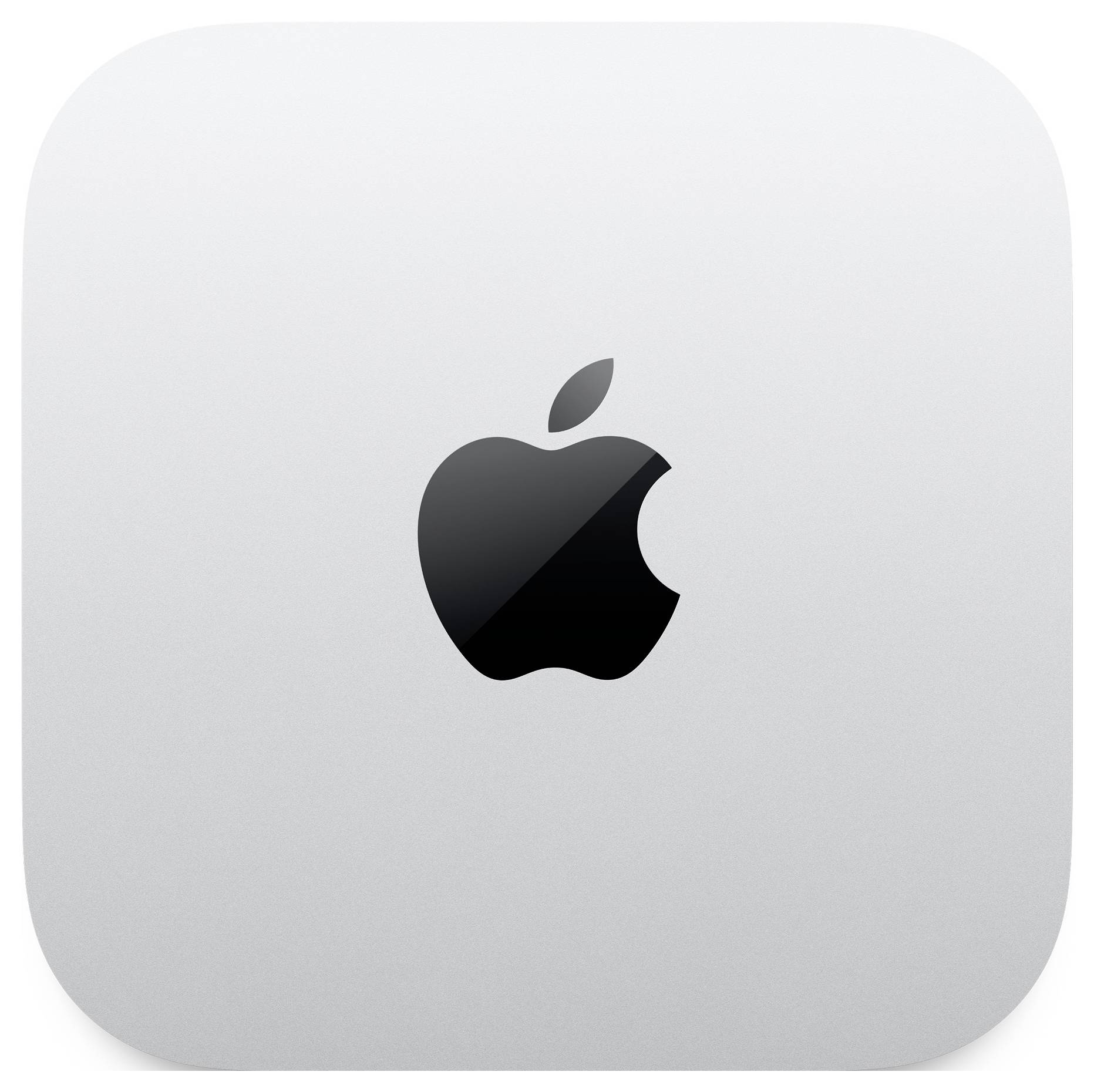 Das Bild zeigt ein silberfarbenes Gerät mit dem Apple-Logo in der Mitte, das einem kompakten, quadratischen Computer oder Zubehör ähnelt.