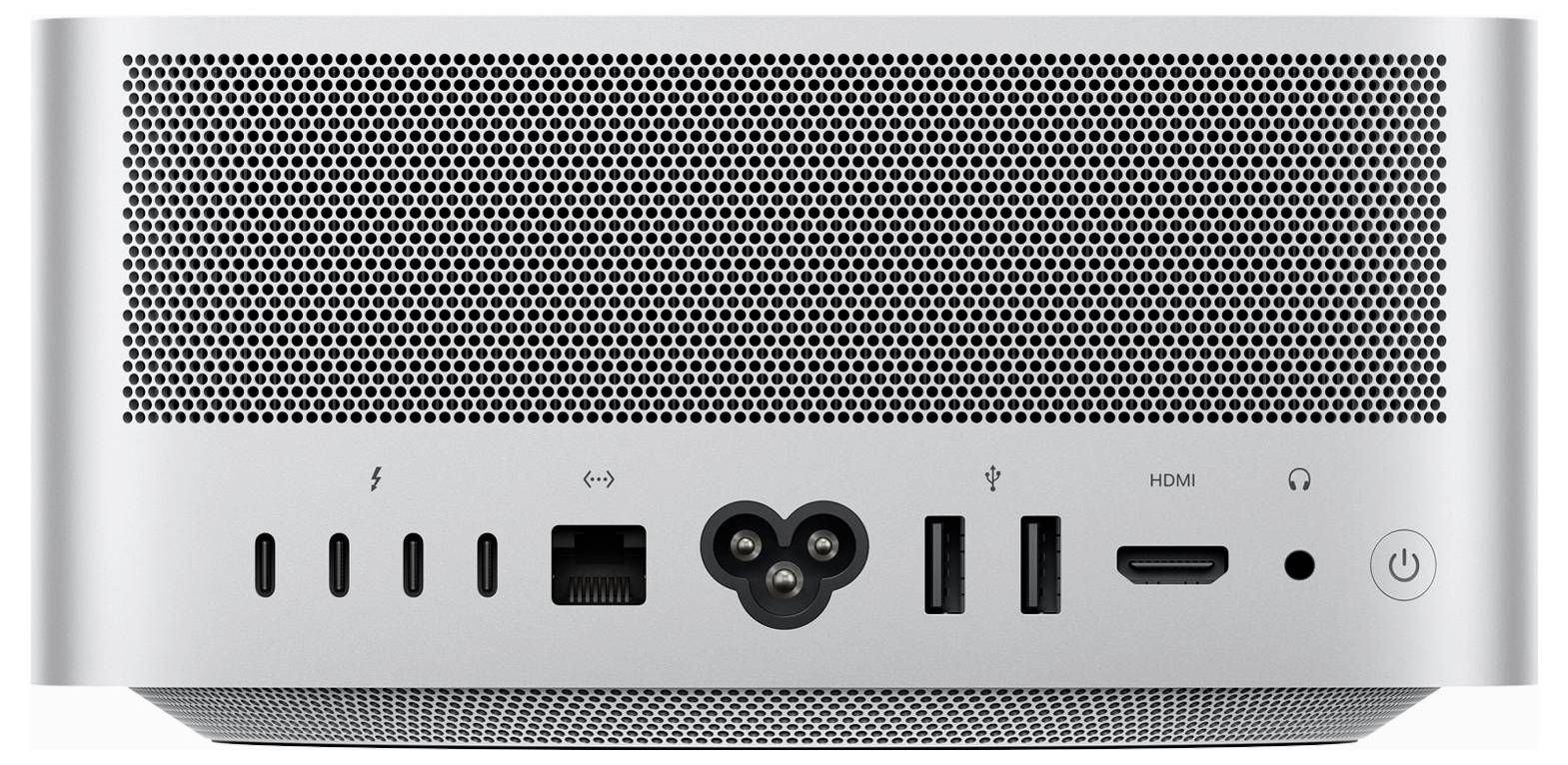 Rückansicht eines Computers mit verschiedenen Anschlüssen und Verbindungen, darunter Thunderbolt, Ethernet, USB, HDMI und einem Netzschalter.