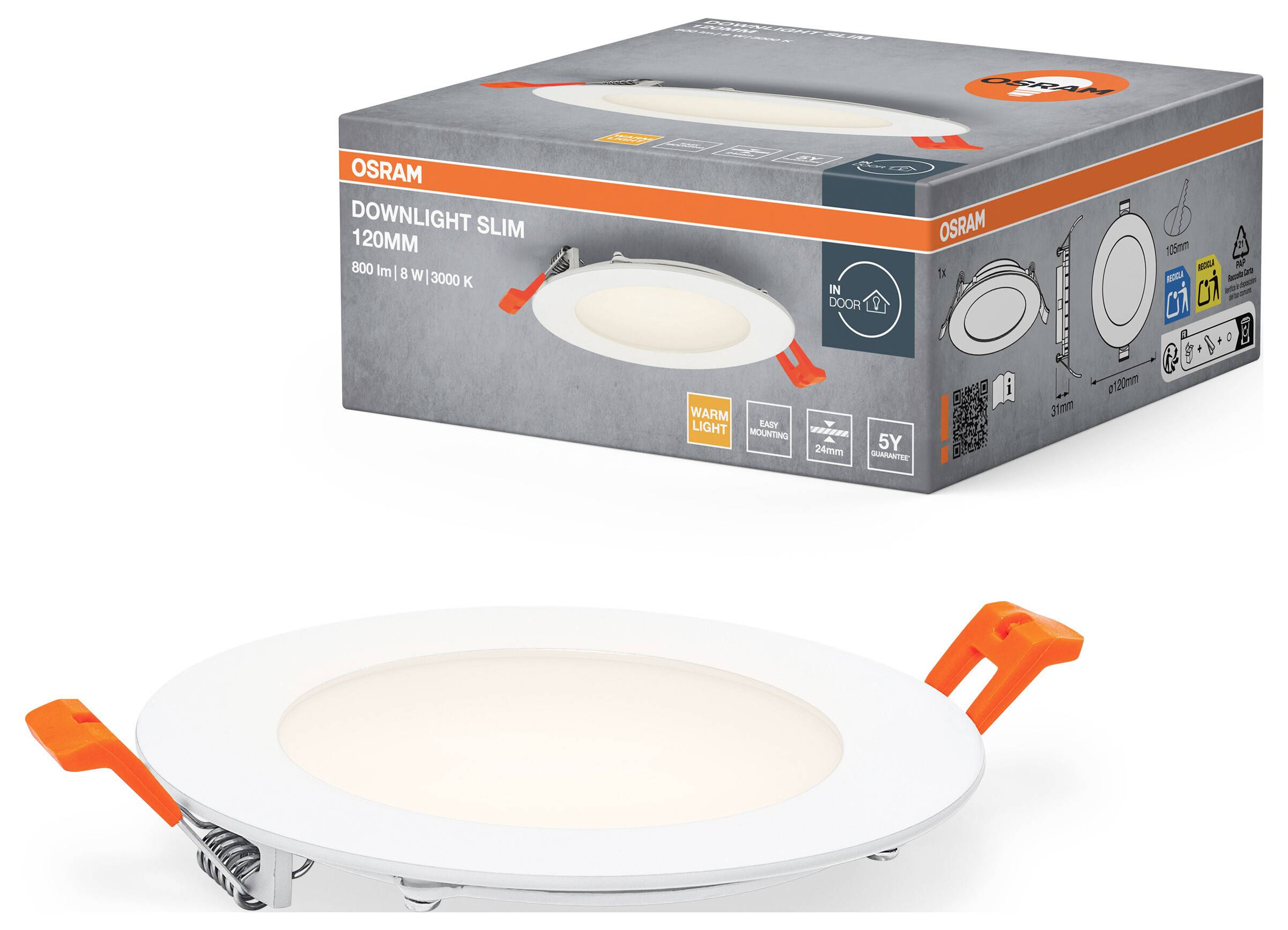 'OSRAM Downlight Slim 120MM' Produktverpackung und Leuchte; LED integriert, 890 lm, 3000K, warmweiß, für Innenbeleuchtung geeignet.