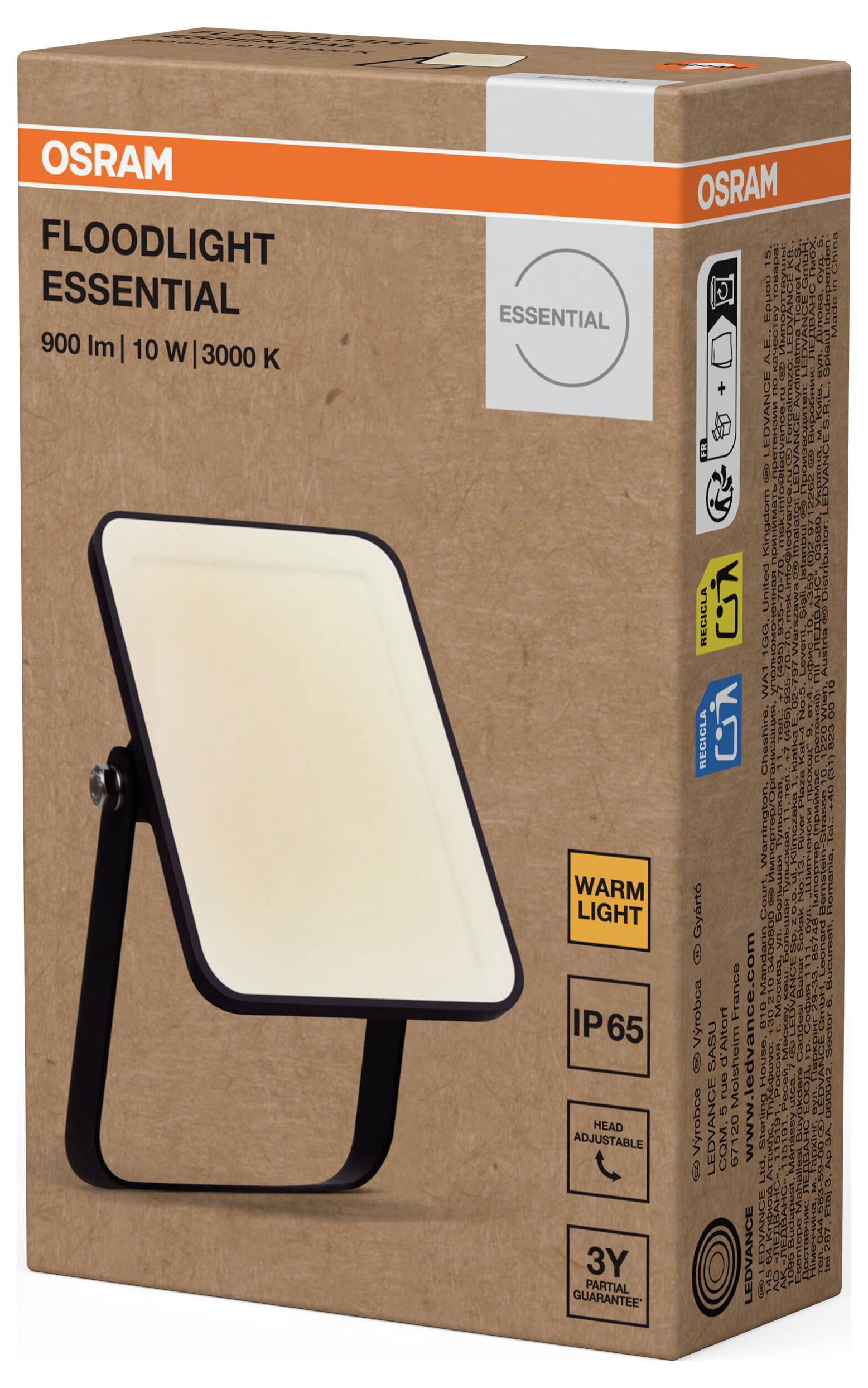 Flutlicht von OSRAM, Modell 'ESSENTIAL', 900 Lumen, 10 Watt, 3000 Kelvin. Verpackung zeigt Lampe, IP65-Schutz und 'Warmlight'-Kennzeichnung.