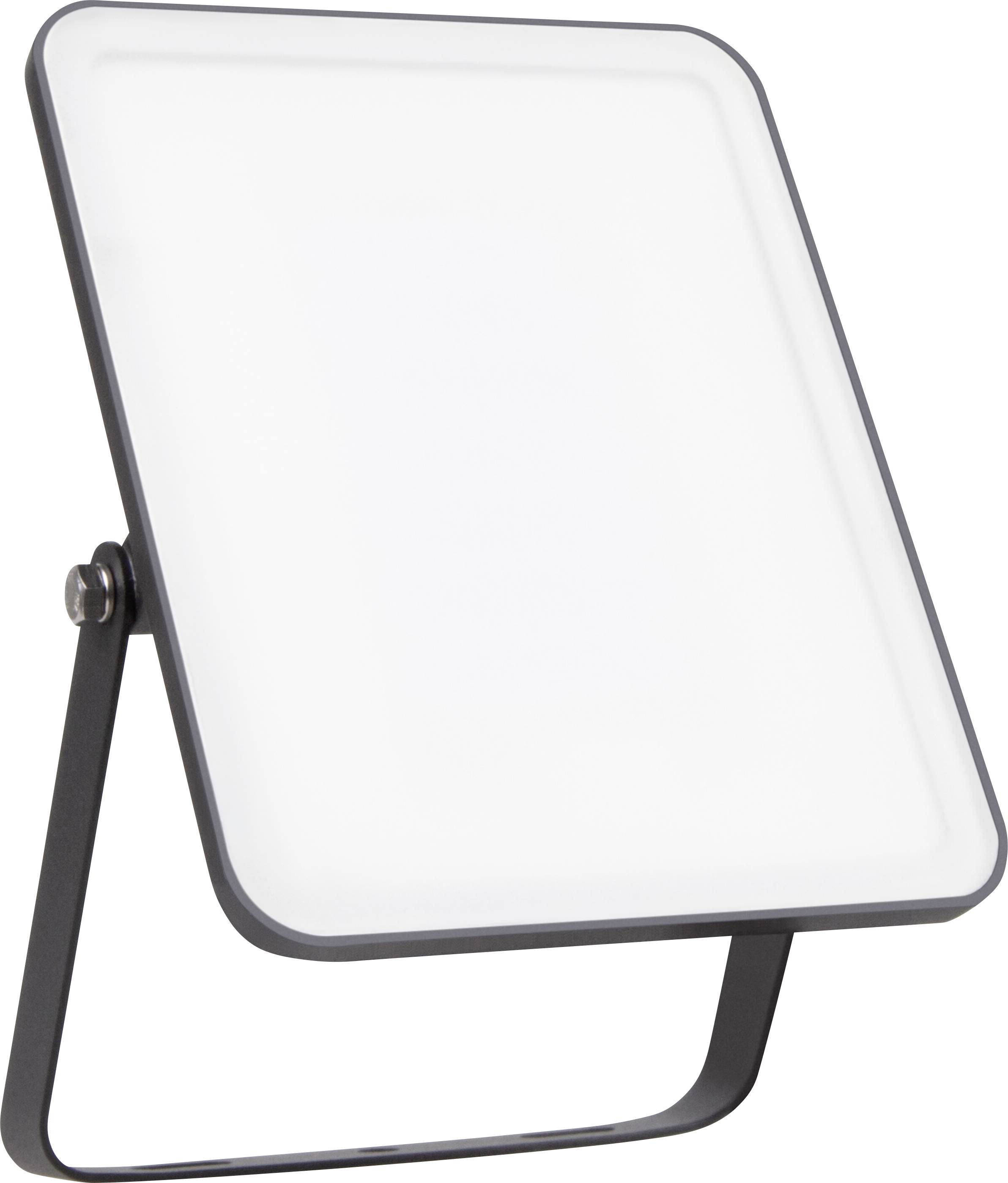 Ein rechteckiger, weißer Tischspiegel auf einem schwenkbaren schwarzen Ständer, geeignet für Badezimmer oder Schminktische.