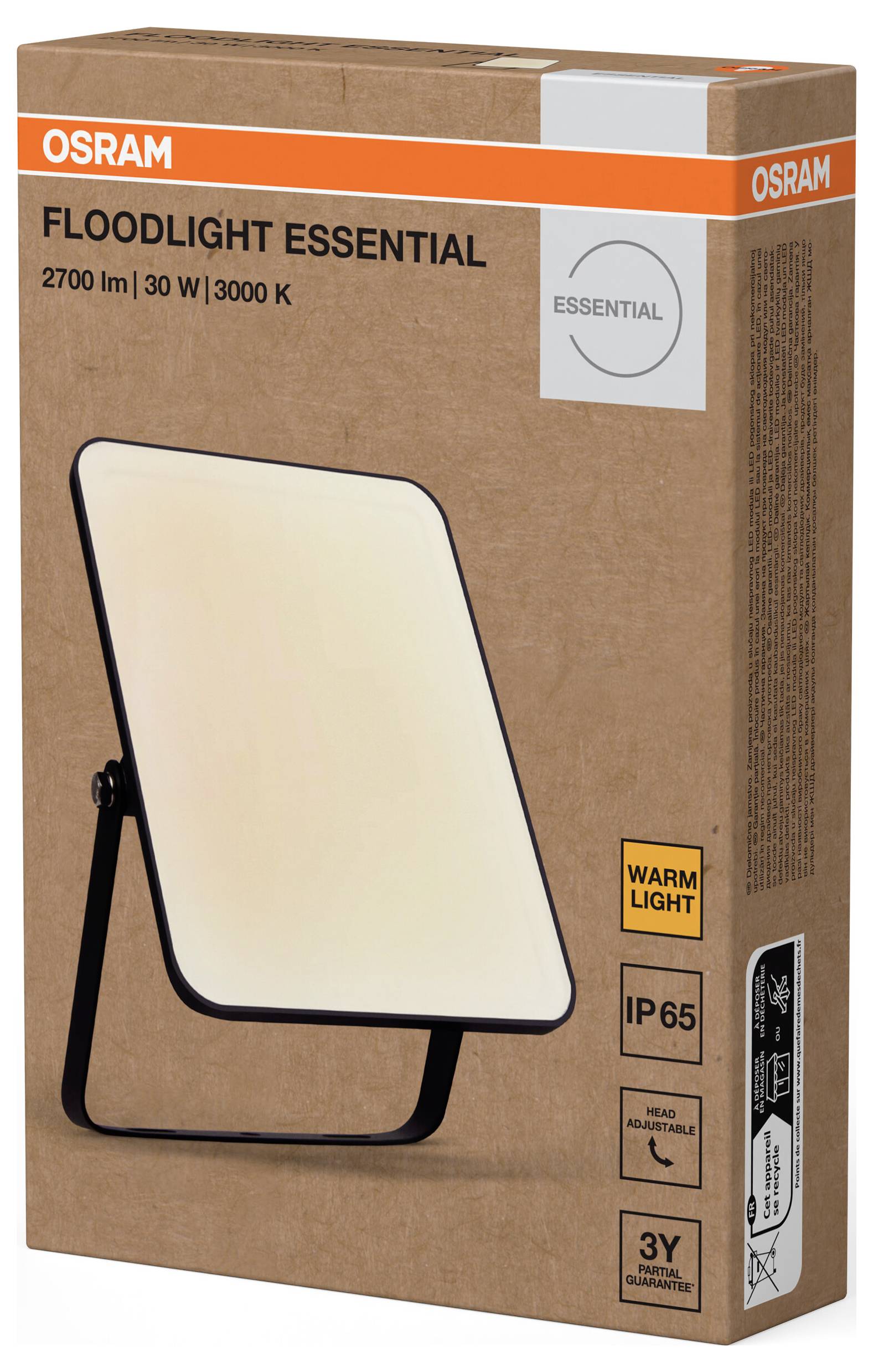 Verpackung einer OSRAM Flutlichtlampe 'Floodlight Essential', 2700 lm, 30 W, 3000 K, IP65, für Außenbereich geeignet.