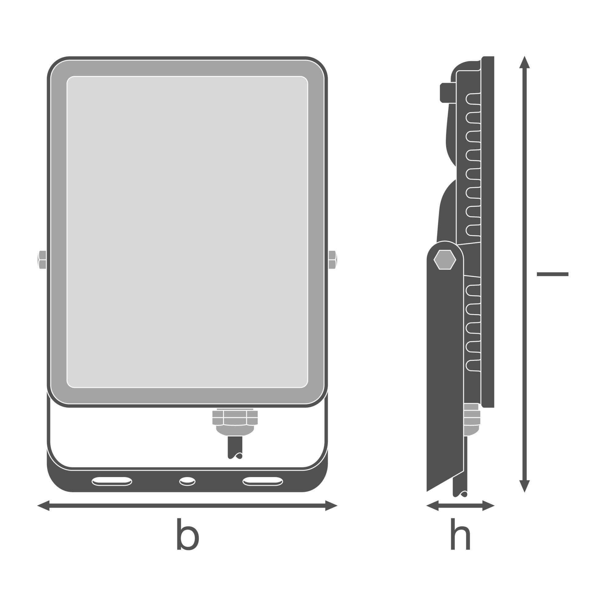 Diagramm eines rechteckigen Flutlichts, Vorder- und Seitenansicht. Maße: Breite (b) und Höhe (h) sind mit Pfeilen angegeben.