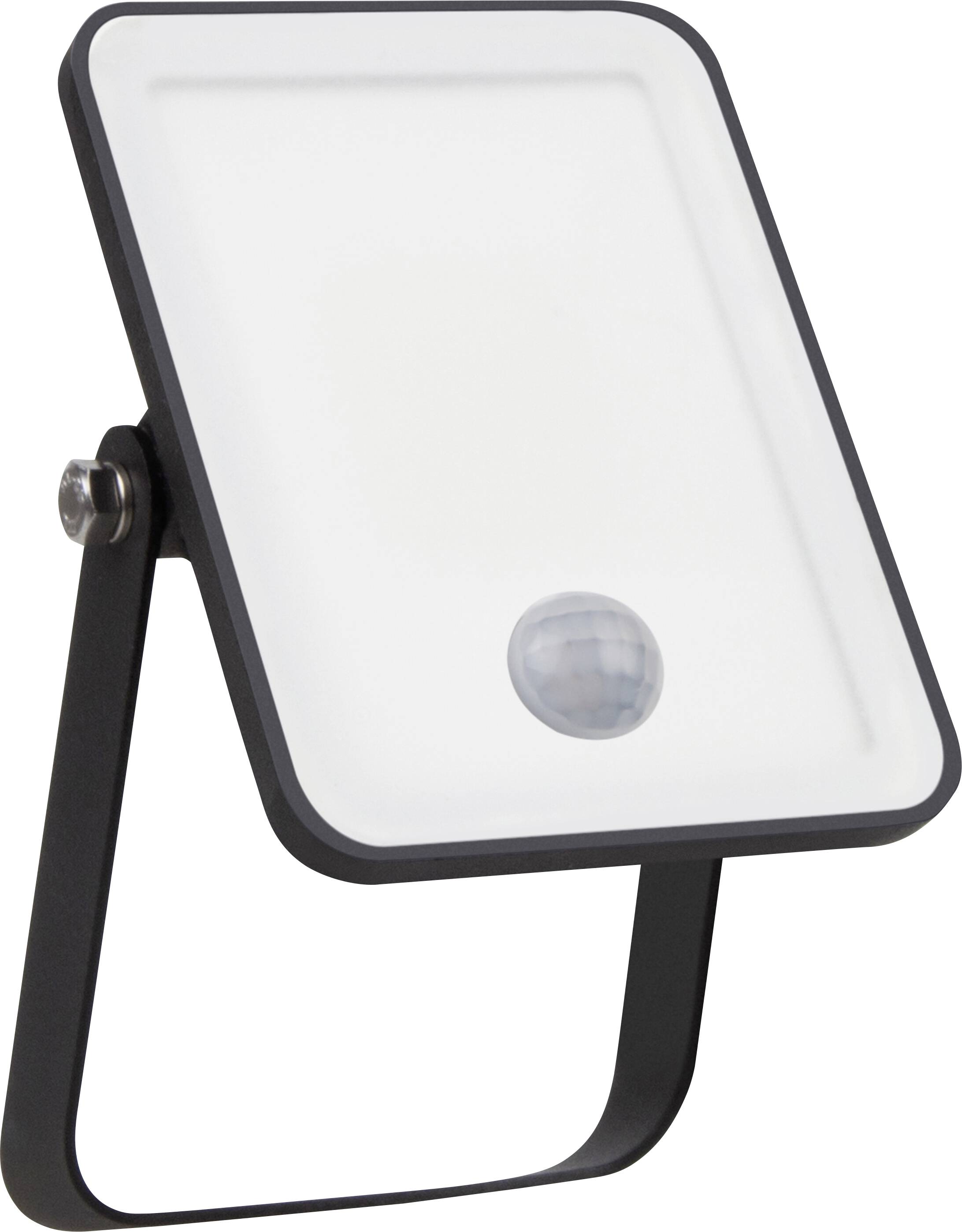 Ein rechteckiger LED-Fluter mit Bewegungssensor, montiert auf einem schwarz lackierten Metallständer. Ideal für Außenbeleuchtung.