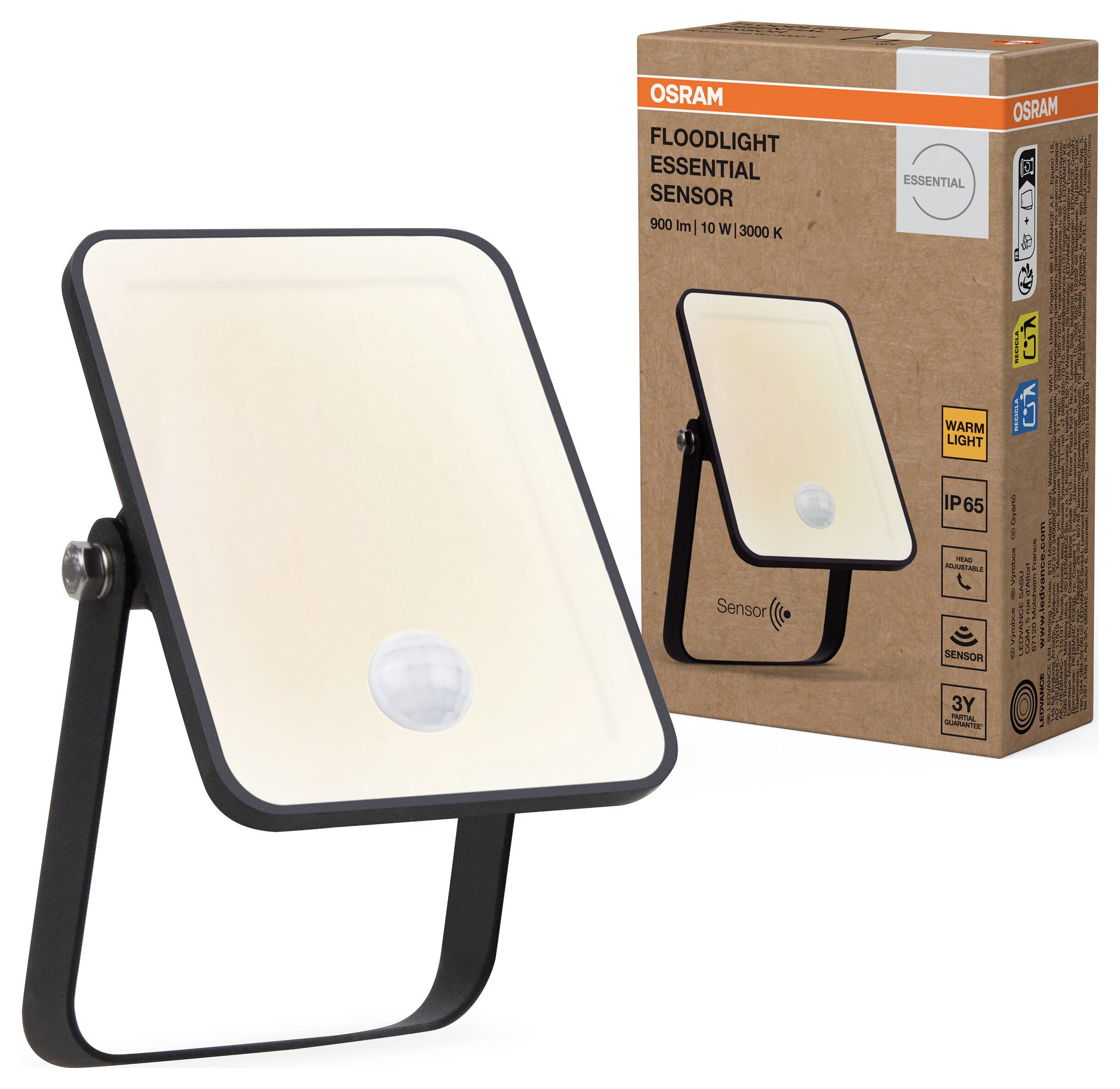 LED-Flutlicht mit Bewegungssensor, Energieklasse A+, 3000K warmweiß, 900 Lumen, 10W. Verpackung zeigt Produktdetails und Logos.