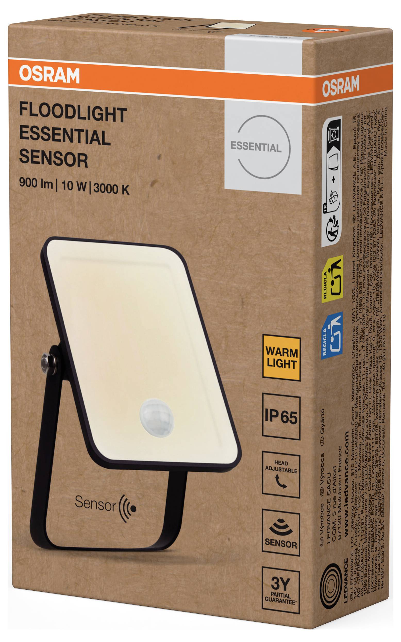 'OSRAM Floodlight Essential Sensor' Verpackung zeigt LED-Leuchte mit 900 Lumen, 10 W, 3000 K, IP65. Enthalten: Sensor, warme Lichtfarbe.