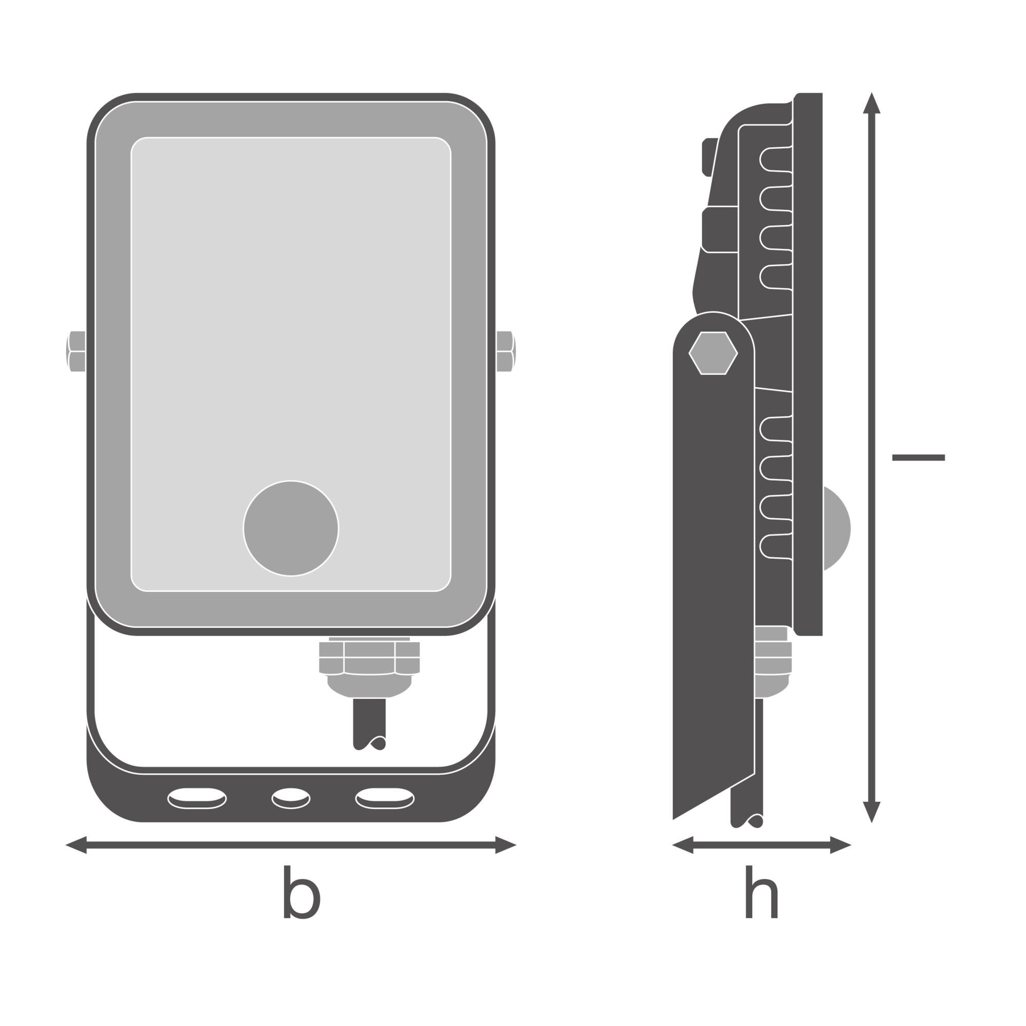 Diagramm eines rechteckigen LED-Fluters von vorne und der Seite mit Maßen Breite (b) und Höhe (h), inklusive Befestigungselemente.