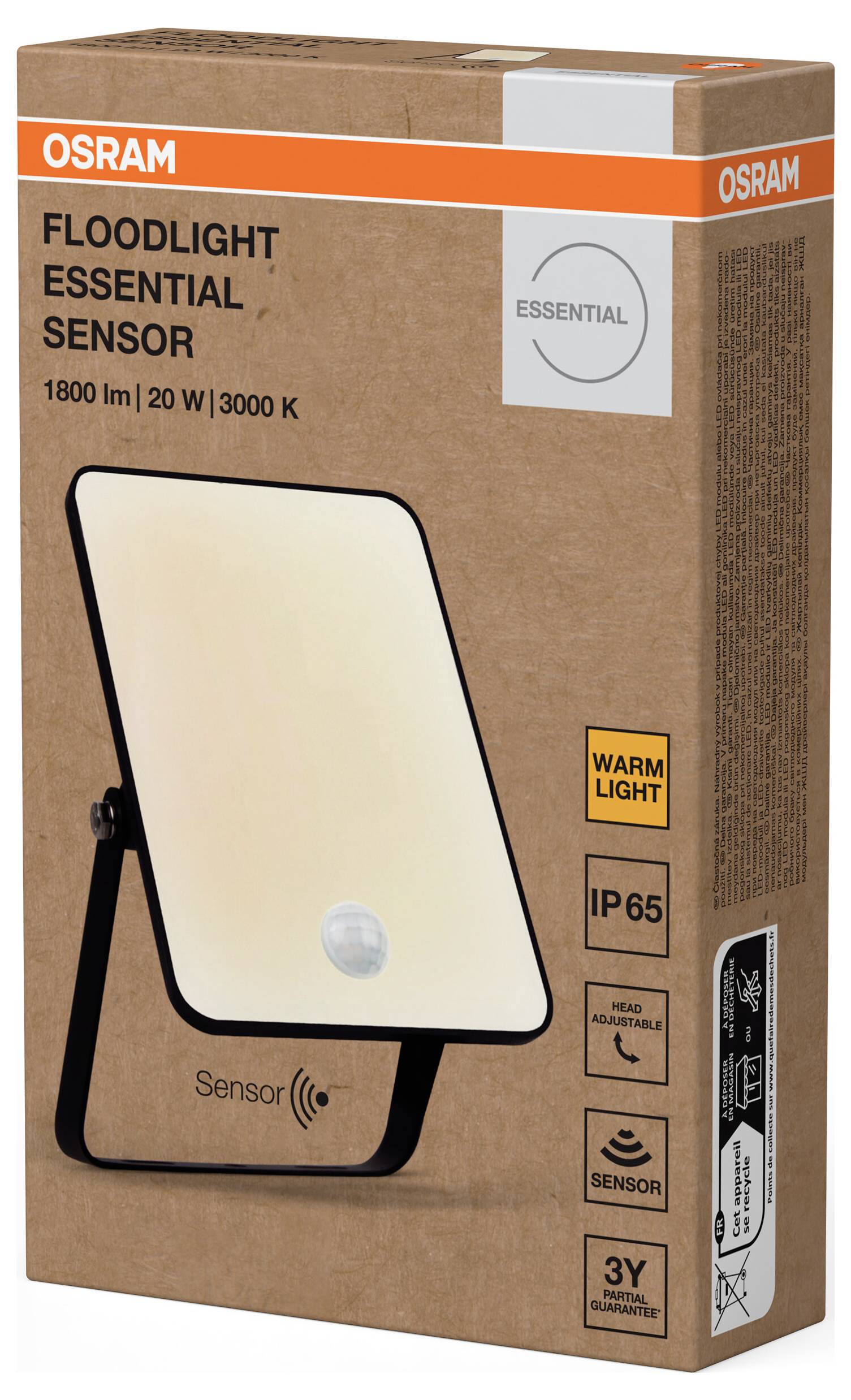 'Flutlicht Essential Sensor' von Osram, 1800 lm, 20 W, 3000 K, IP65, warmweiß. Drei Jahre Garantie, höhenverstellbar mit Bewegungssensor. Verpackungsdesign zeigt Leuchte und Spezifikationen.