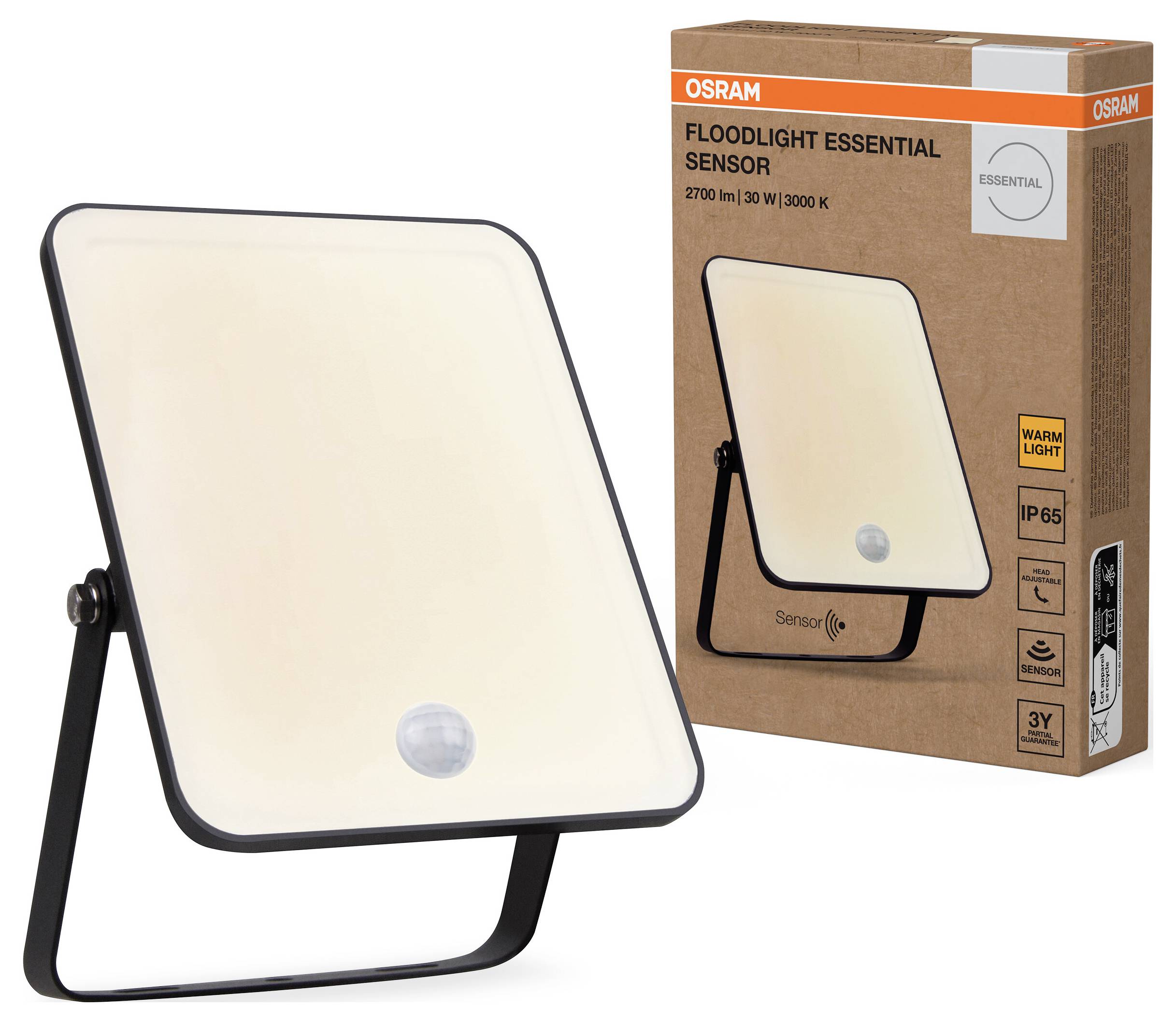 Fluter-Leuchte mit Bewegungssensor neben Verpackung, die 'Floodlight Essential' und Details wie 2700 lm, 30W, 3000K zeigt.