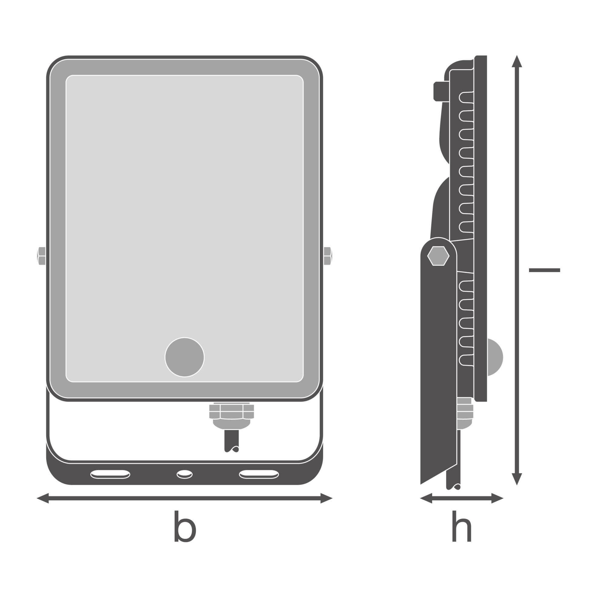 Technische Zeichnung eines rechteckigen LED-Scheinwerfers in Vorder- und Seitenansicht. Höhe und Breite sind markiert.