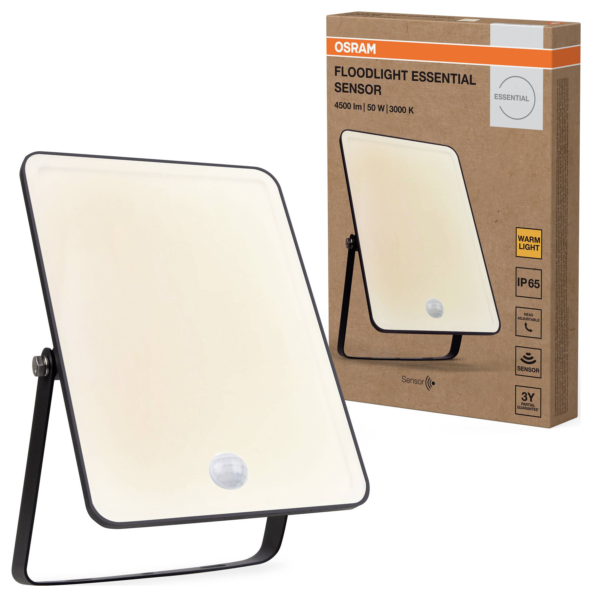 Rechteckige LED-Flutlichtleuchte mit Bewegungssensor und Verpackung. Warmweißes Licht, 4500 lm, 50 W, 3000 K, IP65, 3 Jahre Garantie.