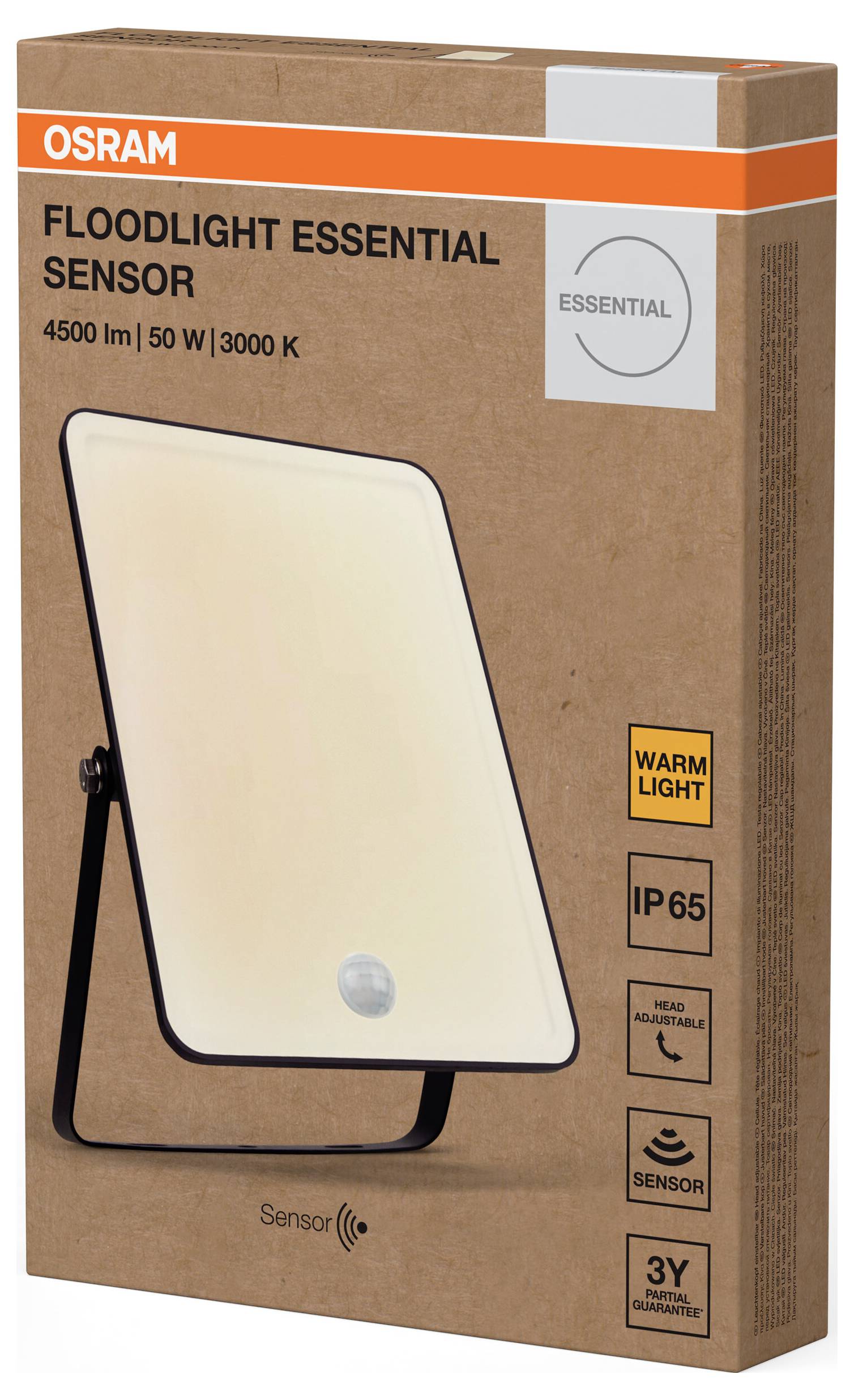 Osram Flutlicht Essential Sensor, 4500 lm, 50 W, 3000 K. IP65, geeignet für Außenbereich, warmes Licht, enthält Bewegungssensor.