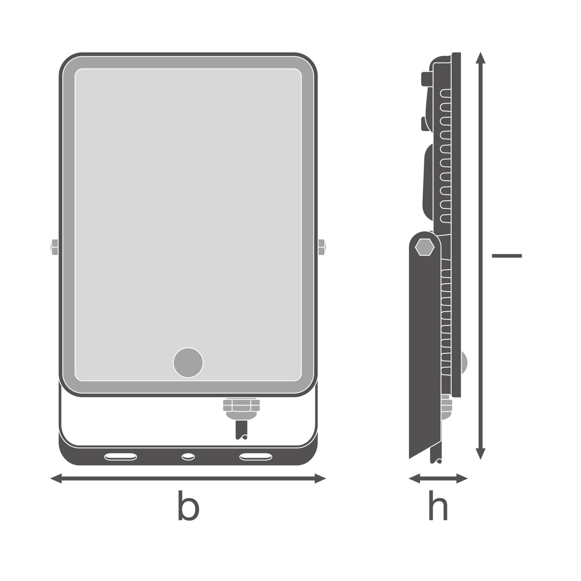 'LED-Flutlicht' wird aus zwei Perspektiven gezeigt: von vorne und von der Seite. Maße 'b' und 'h' sind angegeben.