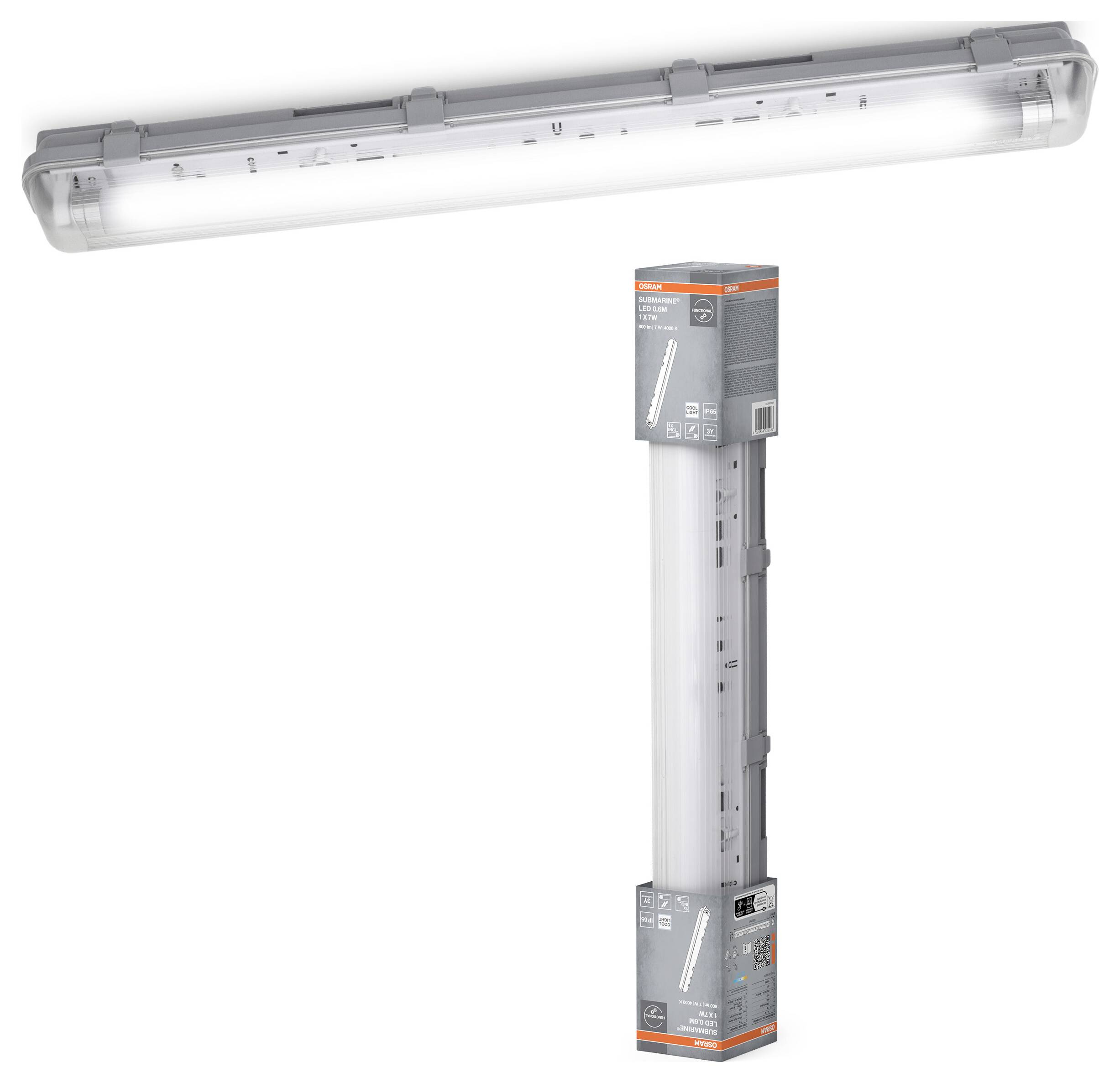 LED-Röhrenleuchte mit grauem Gehäuse, geeignet für Arbeitsplatzbeleuchtung. Verpackung zeigt Produktinformationen und Montagehinweise.