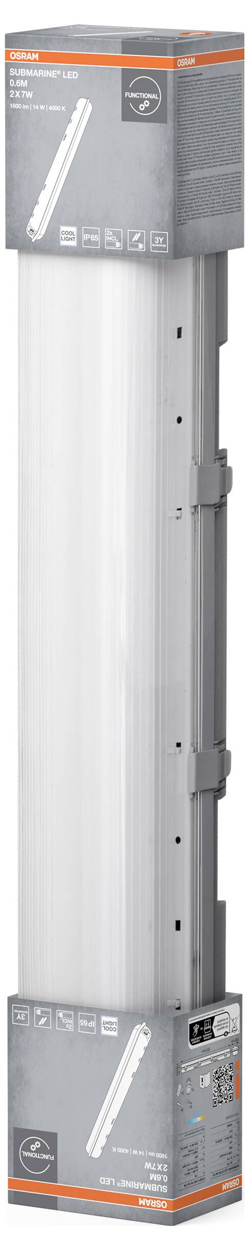 Verpackung einer LED-Leuchte (60 cm, 230 V, 18 W, 2400 lm). Aufdrucke zeigen Produktmerkmale und Energieeffizienzklasse.