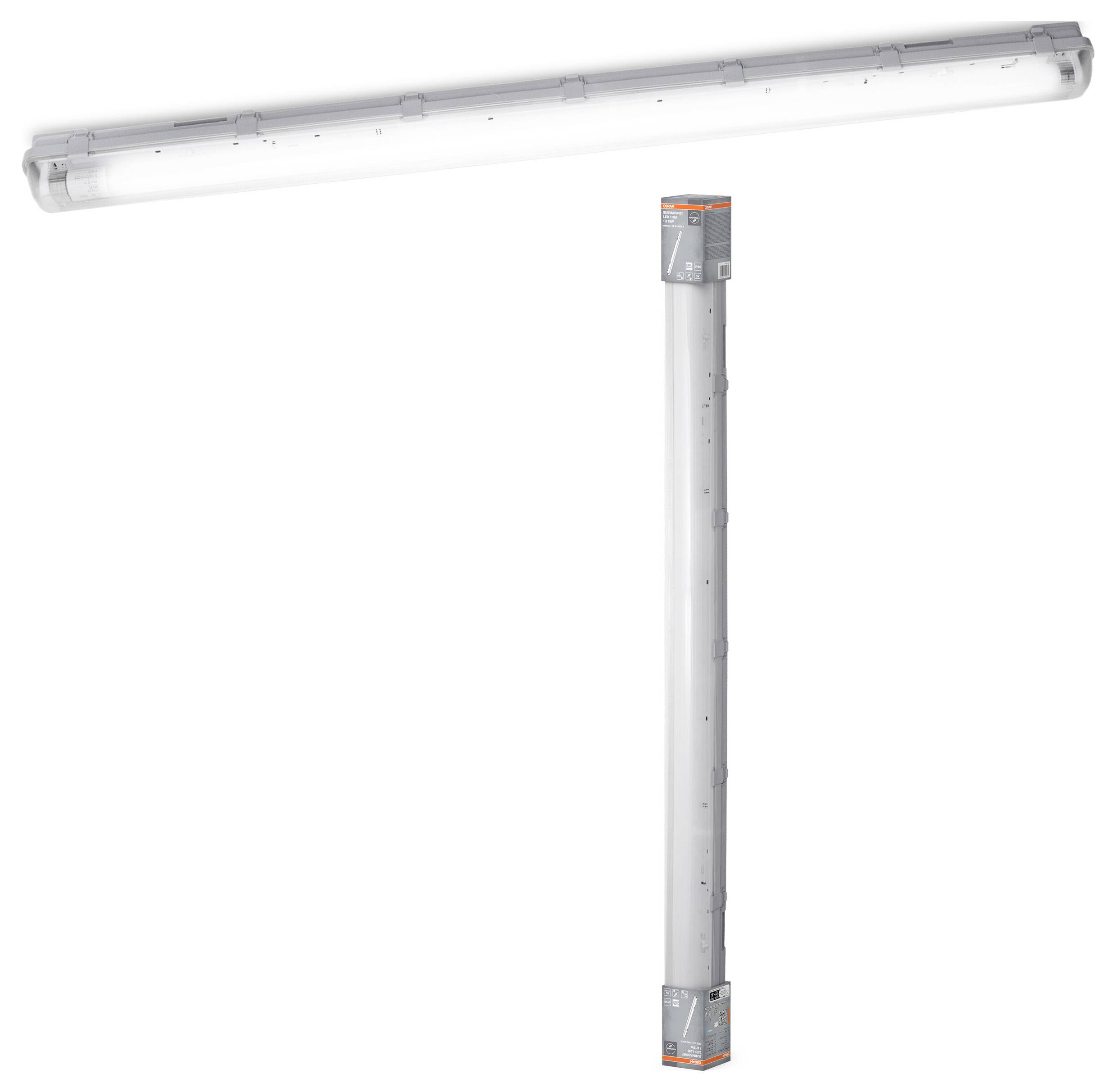 Eine längliche LED-Leuchte in einem transparenten Gehäuse, geeignet für feuchte Umgebungen, dargestellt mit Verpackung.