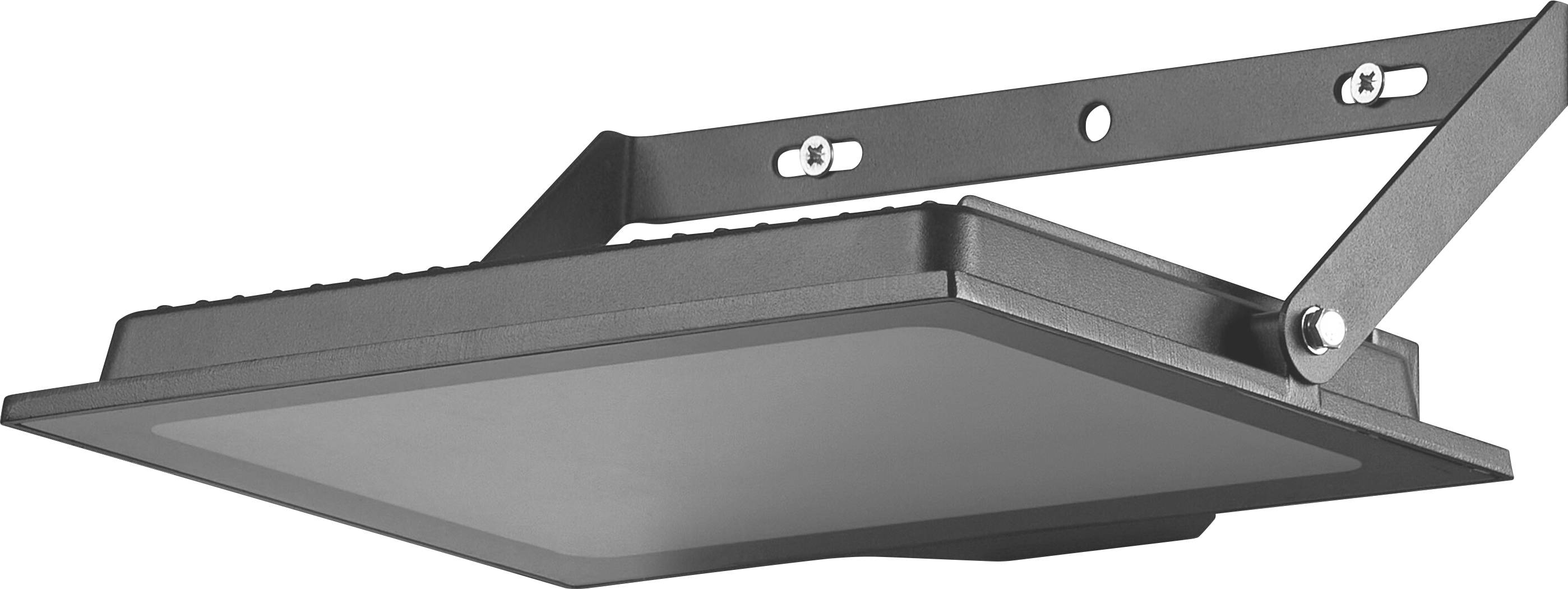 LED-Flutlichtstrahler mit rechteckigem Design, montiert an einem verstellbaren Metallhalter. Ideal für Außenbeleuchtung.