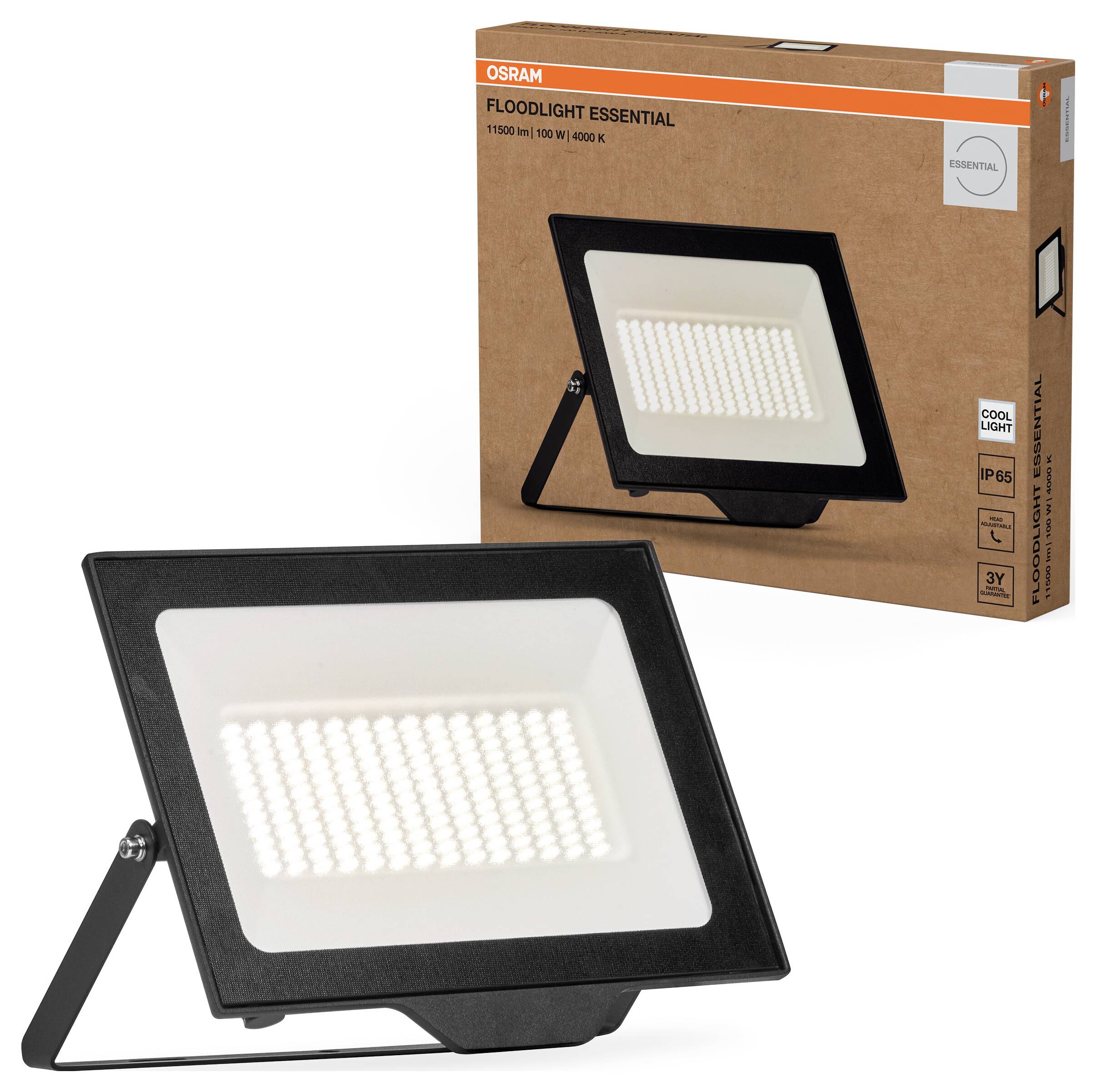 Flutlicht von OSRAM mit Verpackung im Hintergrund. Das Produkt ist als 'Floodlight Essential' gekennzeichnet, leuchtet kühlweiß.