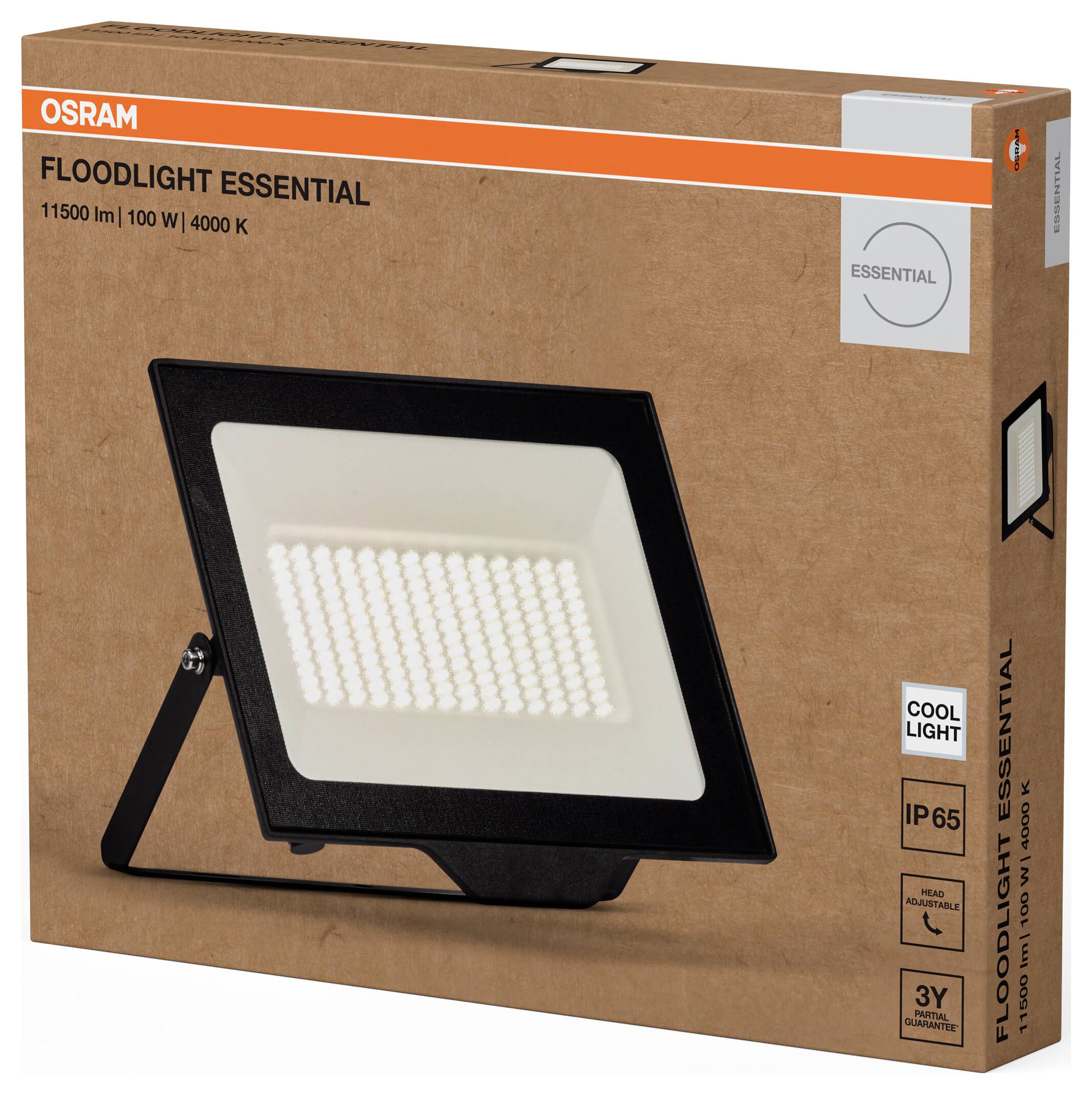 Verpackung einer LED-Flutlichtleuchte von OSRAM, Modell 'Floodlight Essential', 11500 lm, 100 W, 4000 K, IP65, 3 Jahre Garantie.