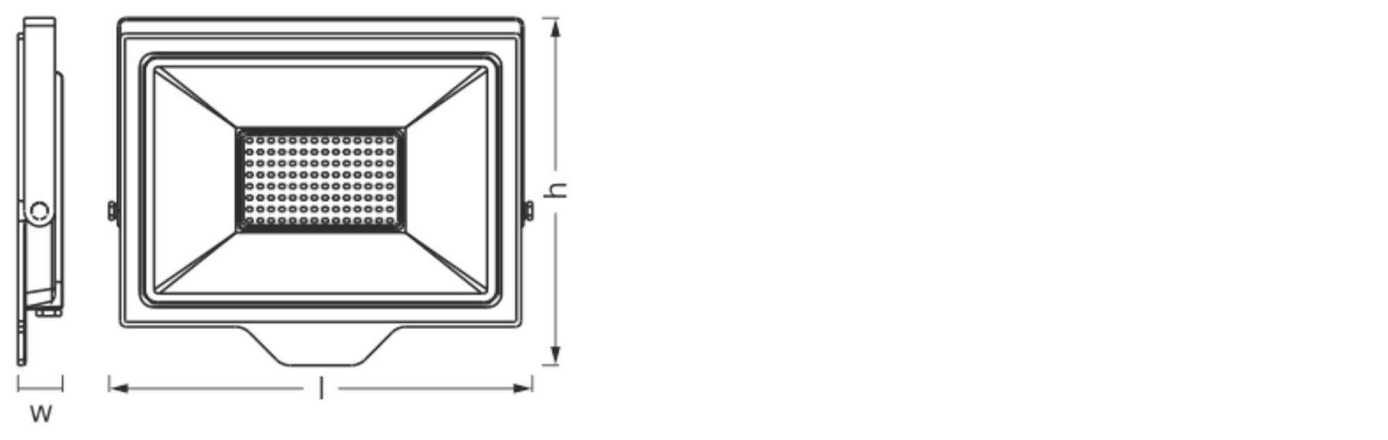 Zeichnung eines rechteckigen LED-Fluters, mit Maßen in Breite (w) und Höhe (h). Seitenansicht zeigt Befestigungswinkel.