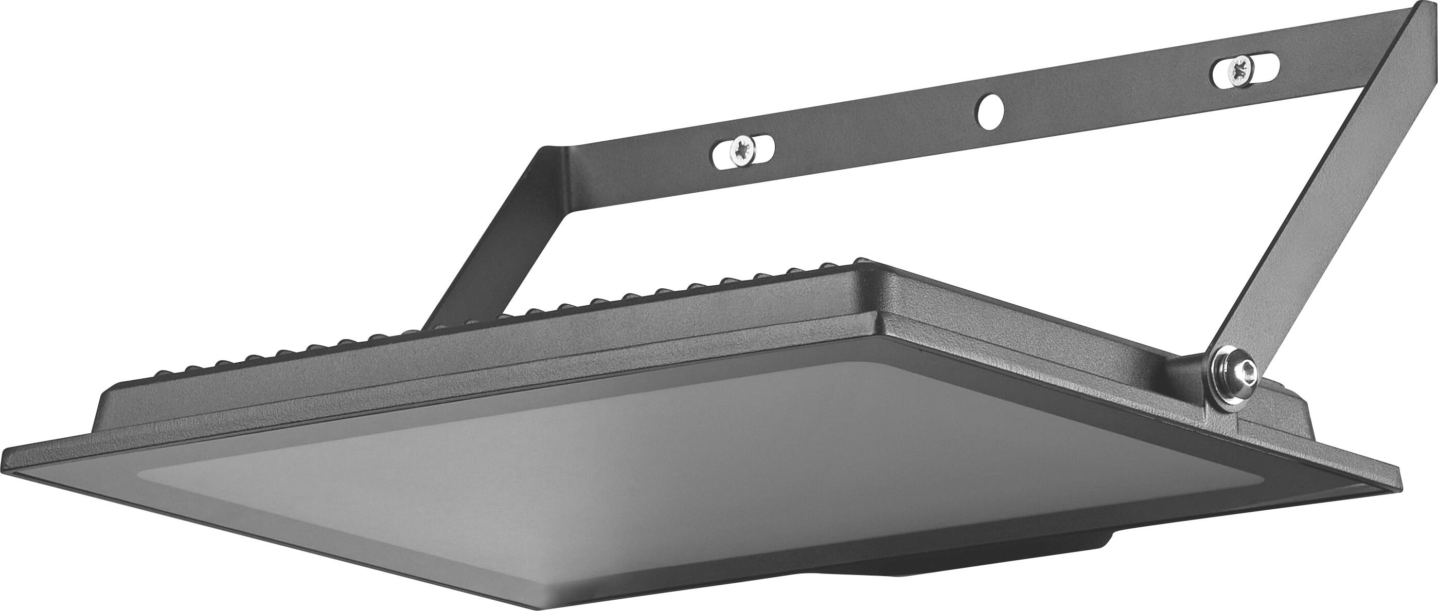 Ein rechteckiger LED-Fluter in Schwarz, montiert auf einem drehbaren Bügel, eignet sich für die Außenbeleuchtung.