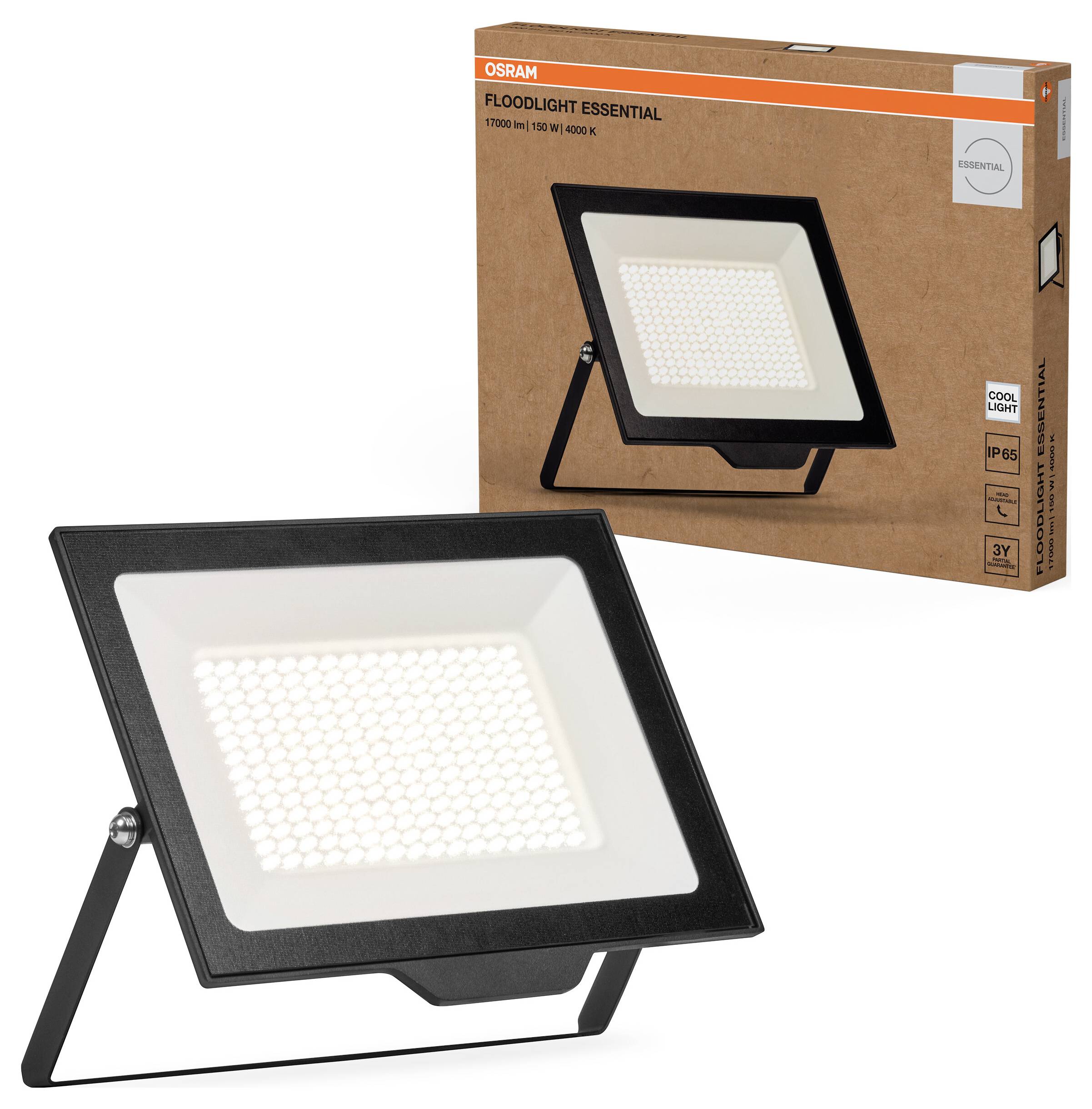 Eine schwarze OSRAM LED-Flutlichtlampe vor ihrer Verpackung. Die Verpackung zeigt ein Bild des Flutlichts und Produktdetails.