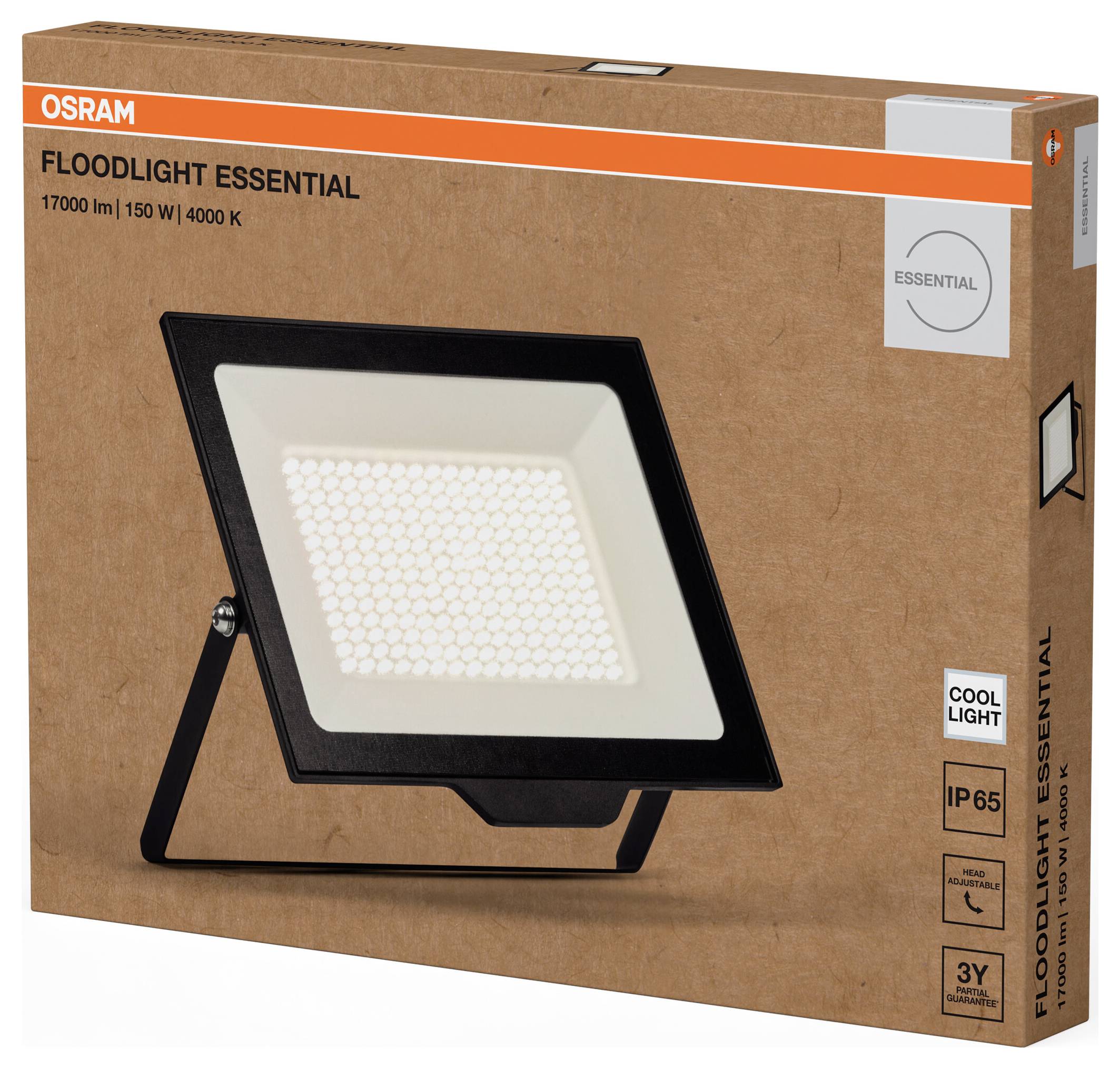 Verpackung einer Osram Floodlight Essential Lampe, 17000 lm, 150 W, 4000 K. Zeigt Bild der Lampe, IP65, 3 Jahre Garantie.