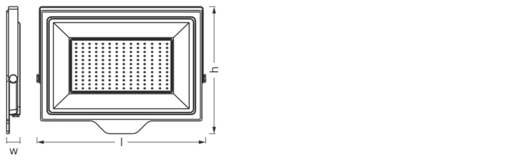 Skizze eines rechteckigen LED-Flutlichts mit Maßen Breite (w) und Höhe (h) angegeben.