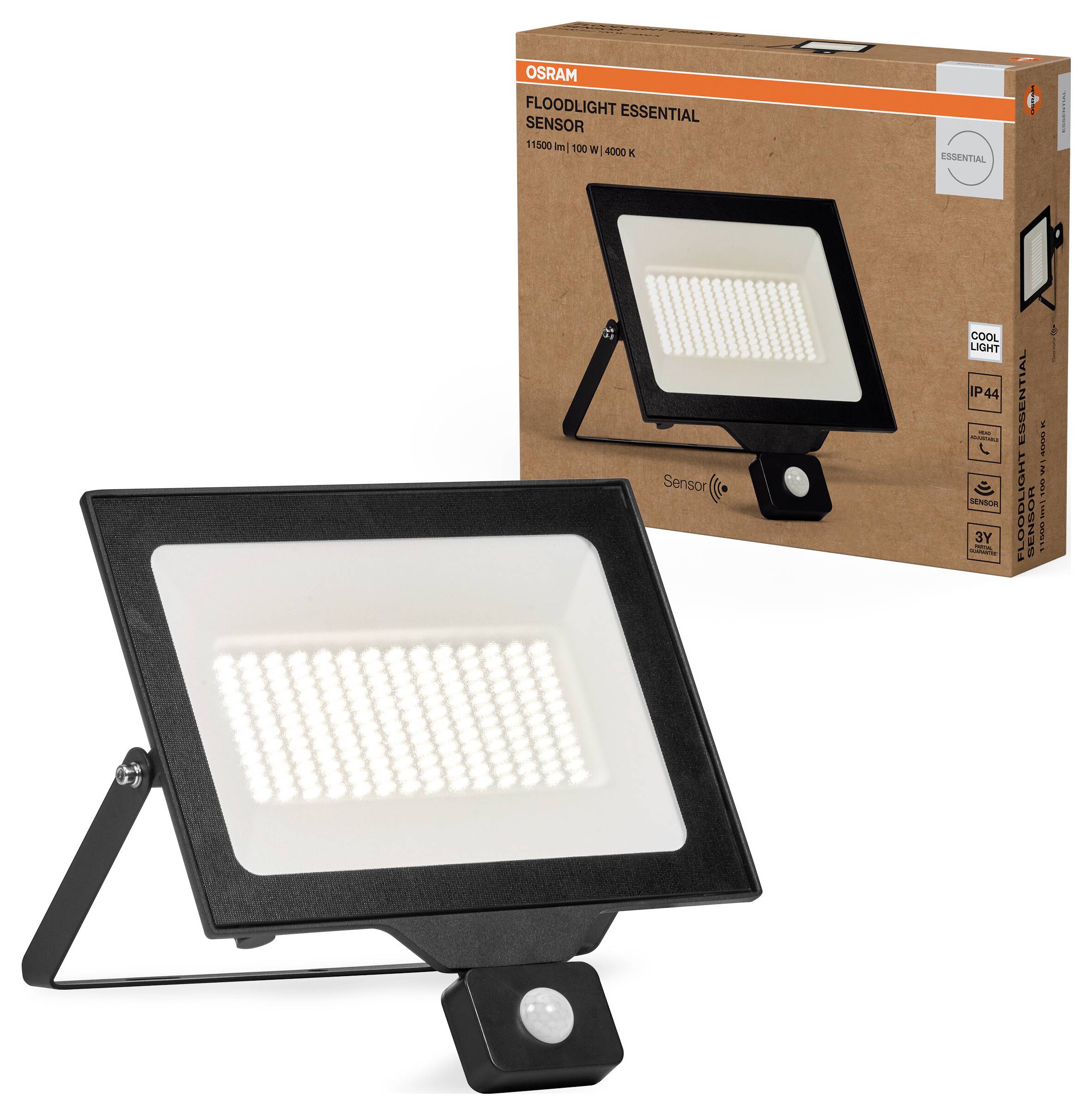 Ein Flutlicht mit Bewegungssensor, rechteckig, schwarzes Gehäuse. Verpackung im Hintergrund zeigt das Produkt und den Markennamen.