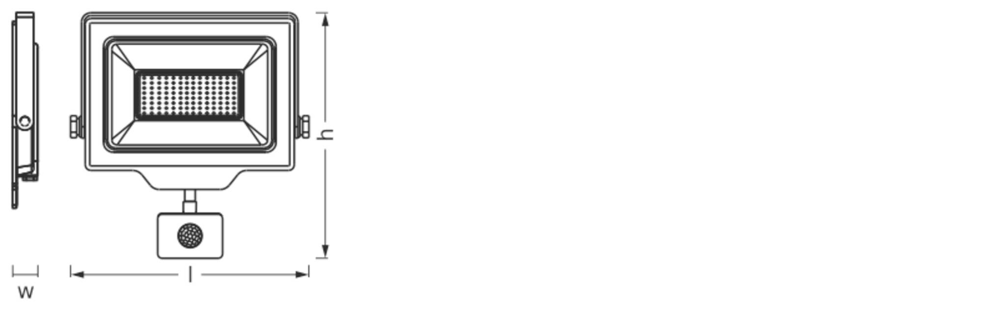 Technische Zeichnung eines rechteckigen Scheinwerfers mit Maßen 'H' und 'W'. Seitliche und vordere Ansicht mit Halterung dargestellt.