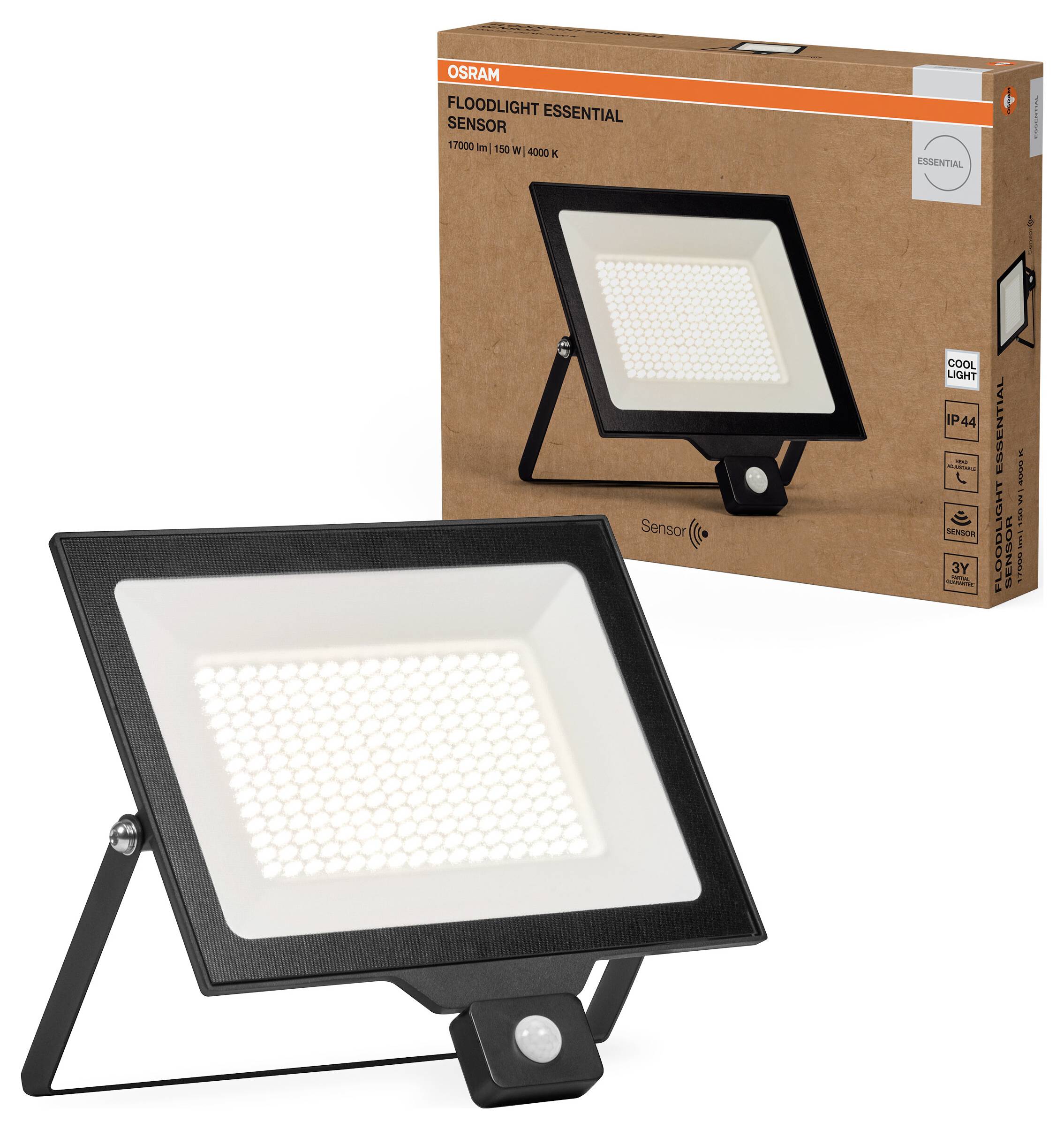 Flutlicht mit Bewegungssensor, schwarzes Gehäuse, rechteckig. Verpackung zeigt dasselbe Produkt. Geeignet für Außenbeleuchtung.